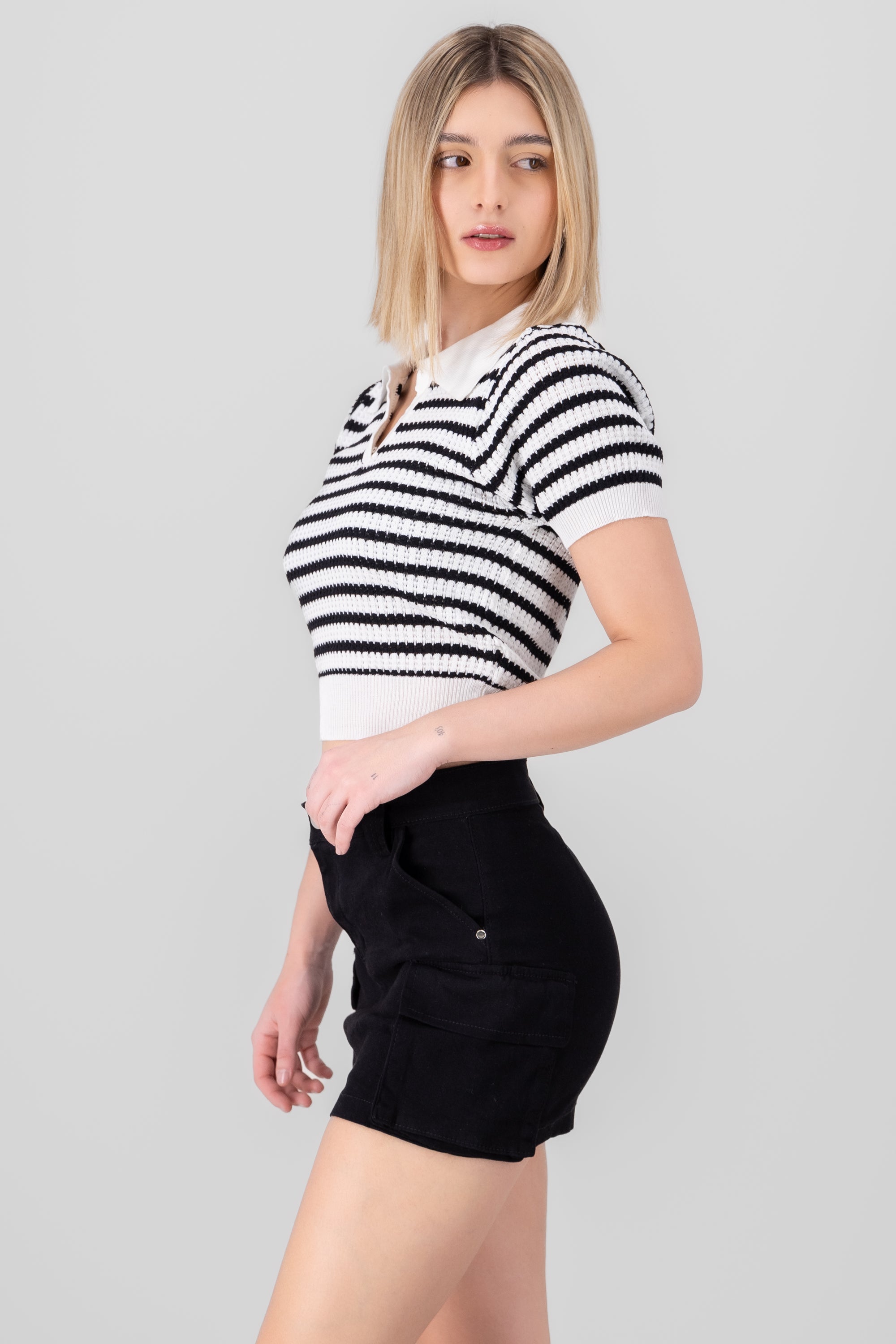 Knit Polo Neck Top BLACK/WHITE