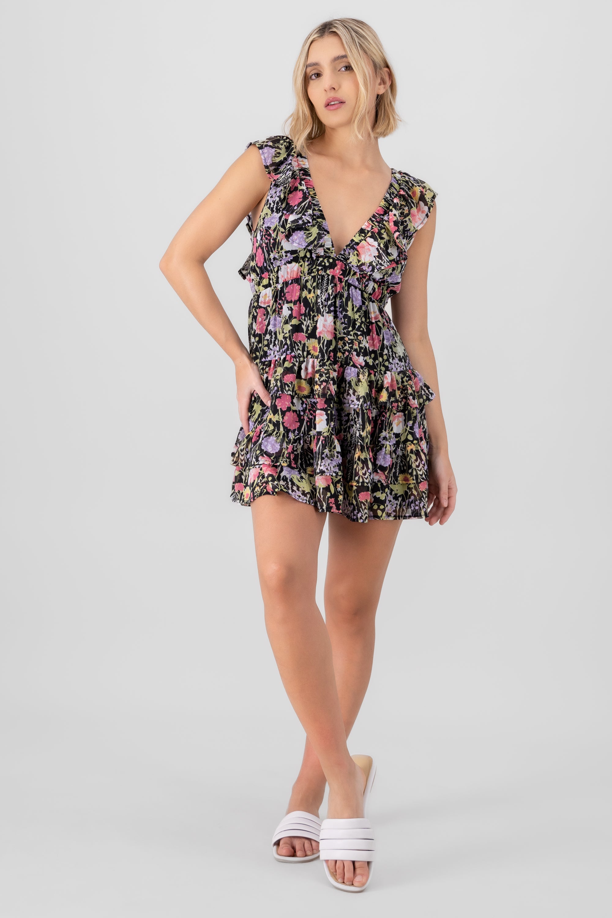 Floral Print Mini Dress With Ruffle BLACK COMBO