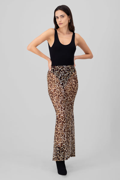 Animal Print Mesh Skirt BROWN COMBO