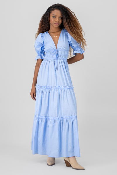 Bubble Sleeve V Neck Maxi Dress BLUE