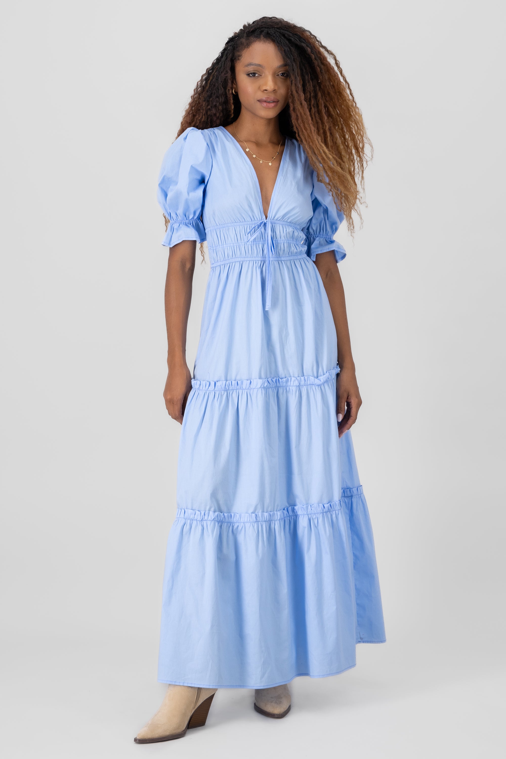 Bubble Sleeve V Neck Maxi Dress BLUE