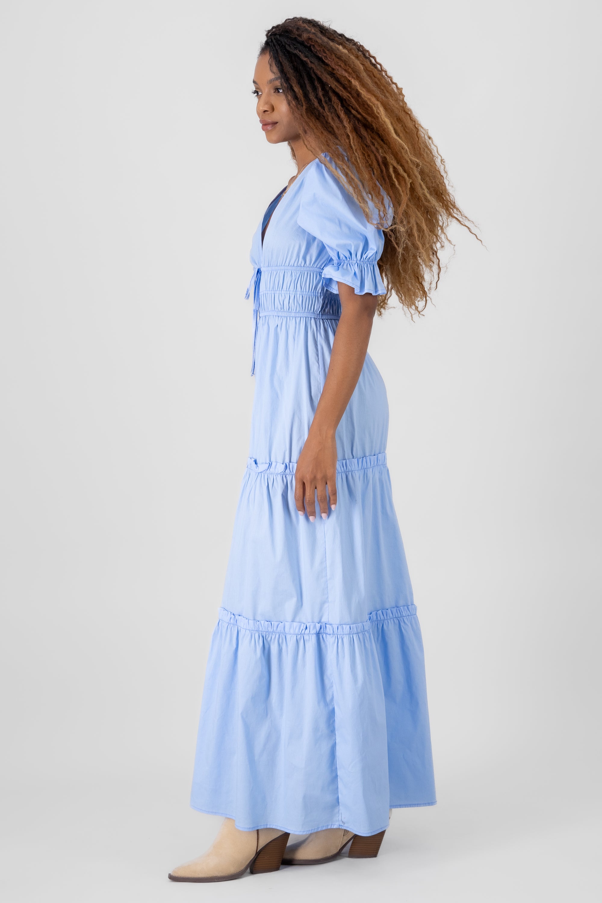 Bubble Sleeve V Neck Maxi Dress BLUE