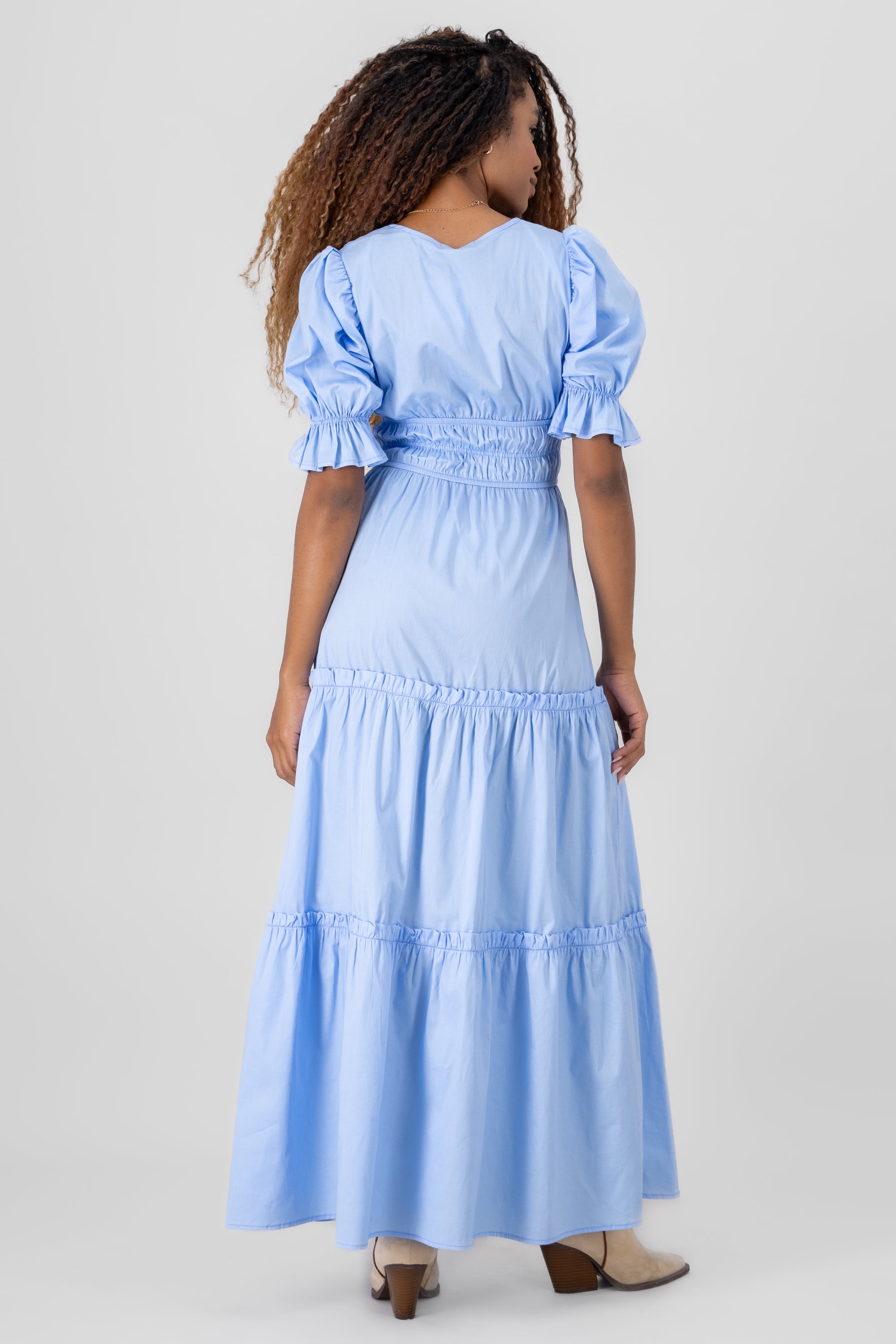 Bubble Sleeve V Neck Maxi Dress BLUE