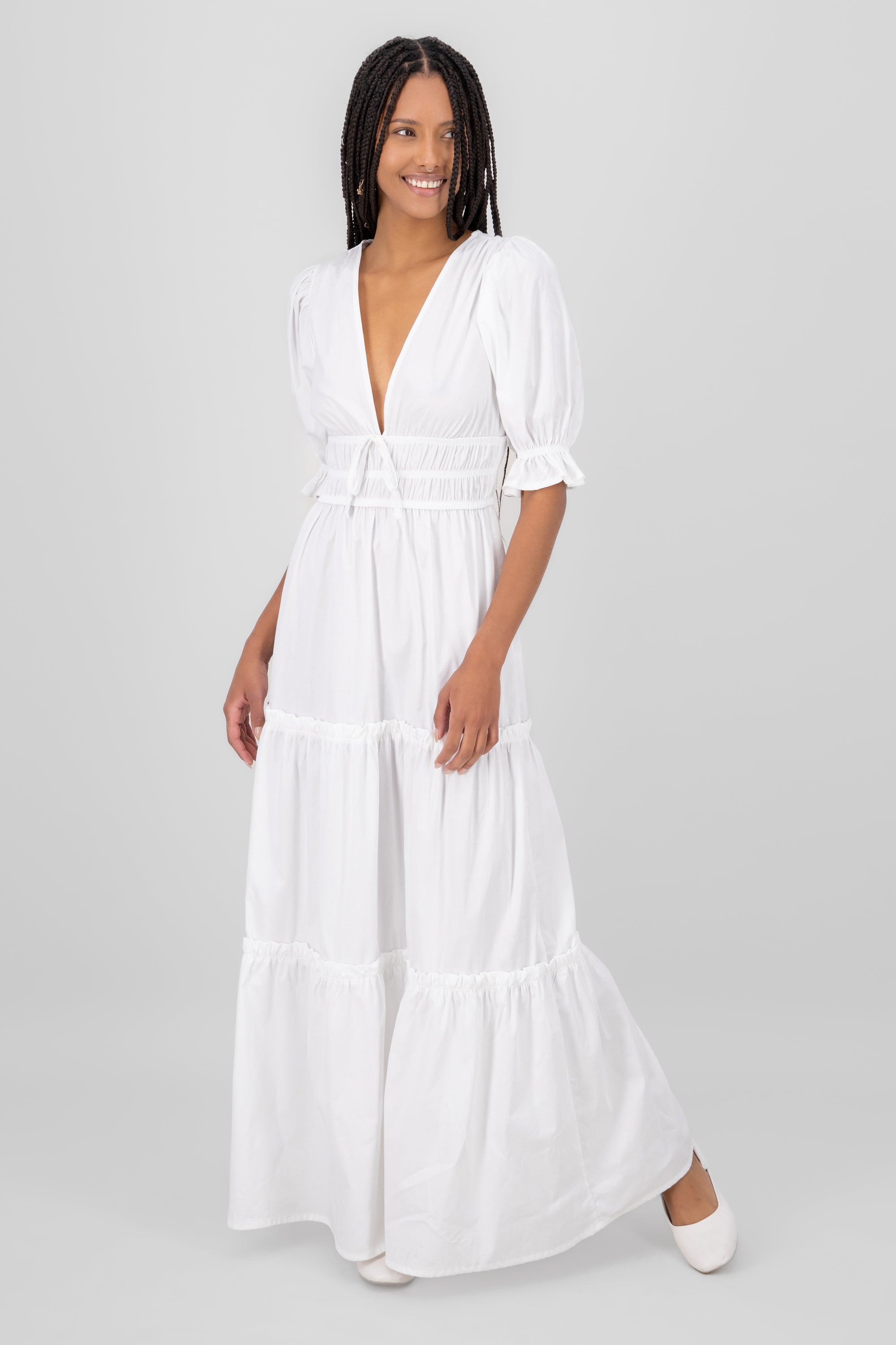 Bubble Sleeve V Neck Maxi Dress WHITE