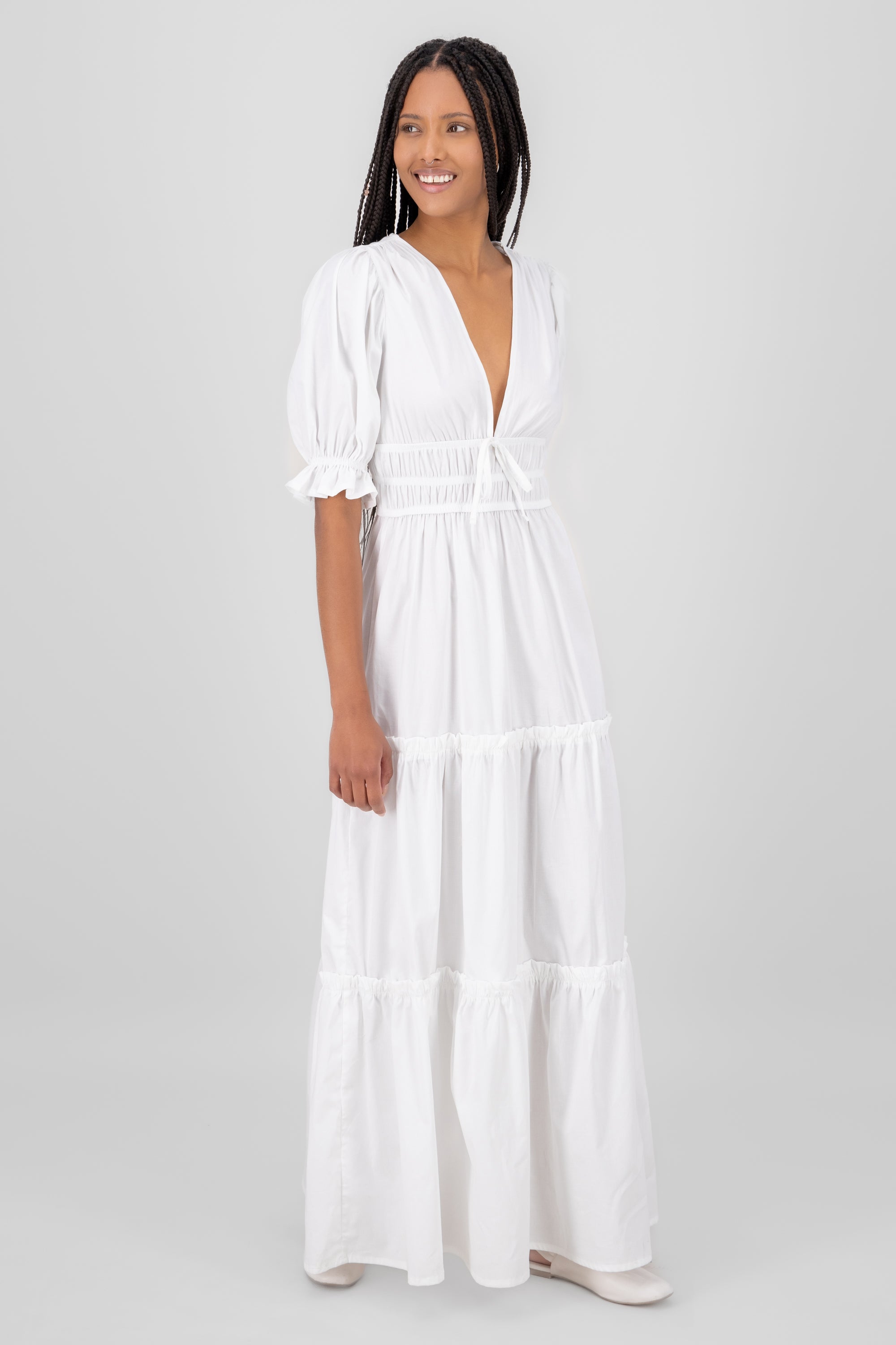 Bubble Sleeve V Neck Maxi Dress WHITE