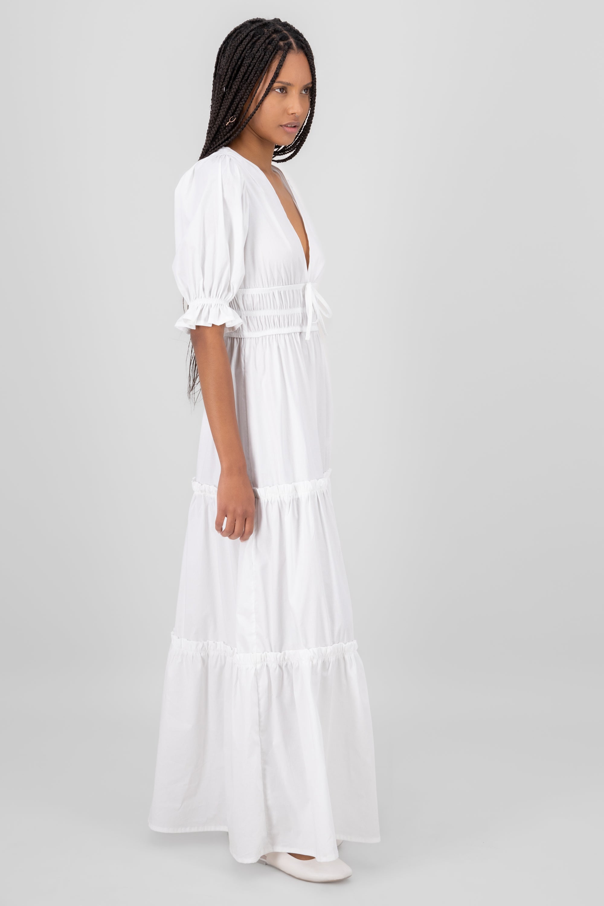 Bubble Sleeve V Neck Maxi Dress WHITE