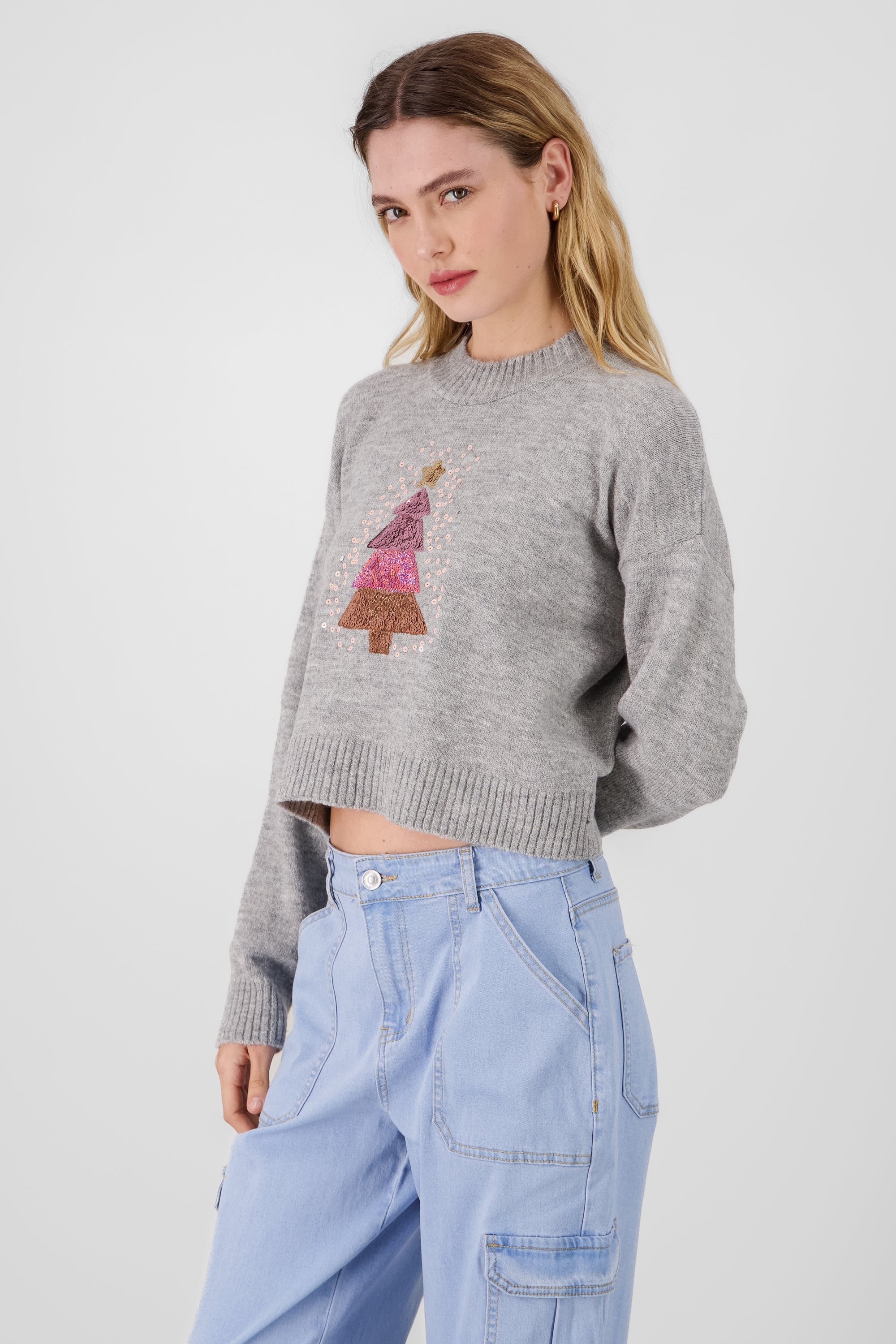 Sequin Christmas Tree Sweater GRAY COMBO