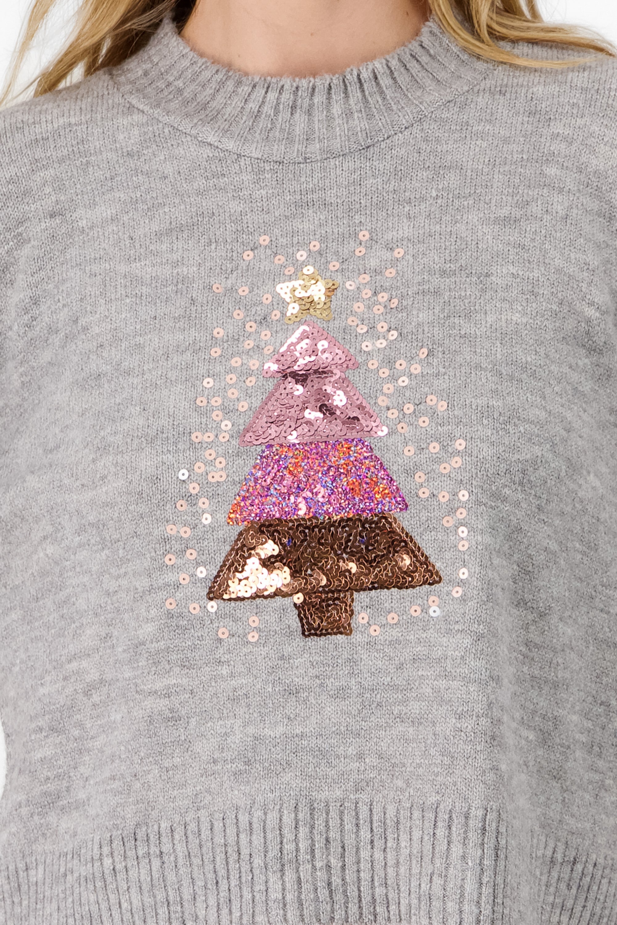 Sequin Christmas Tree Sweater GRAY COMBO