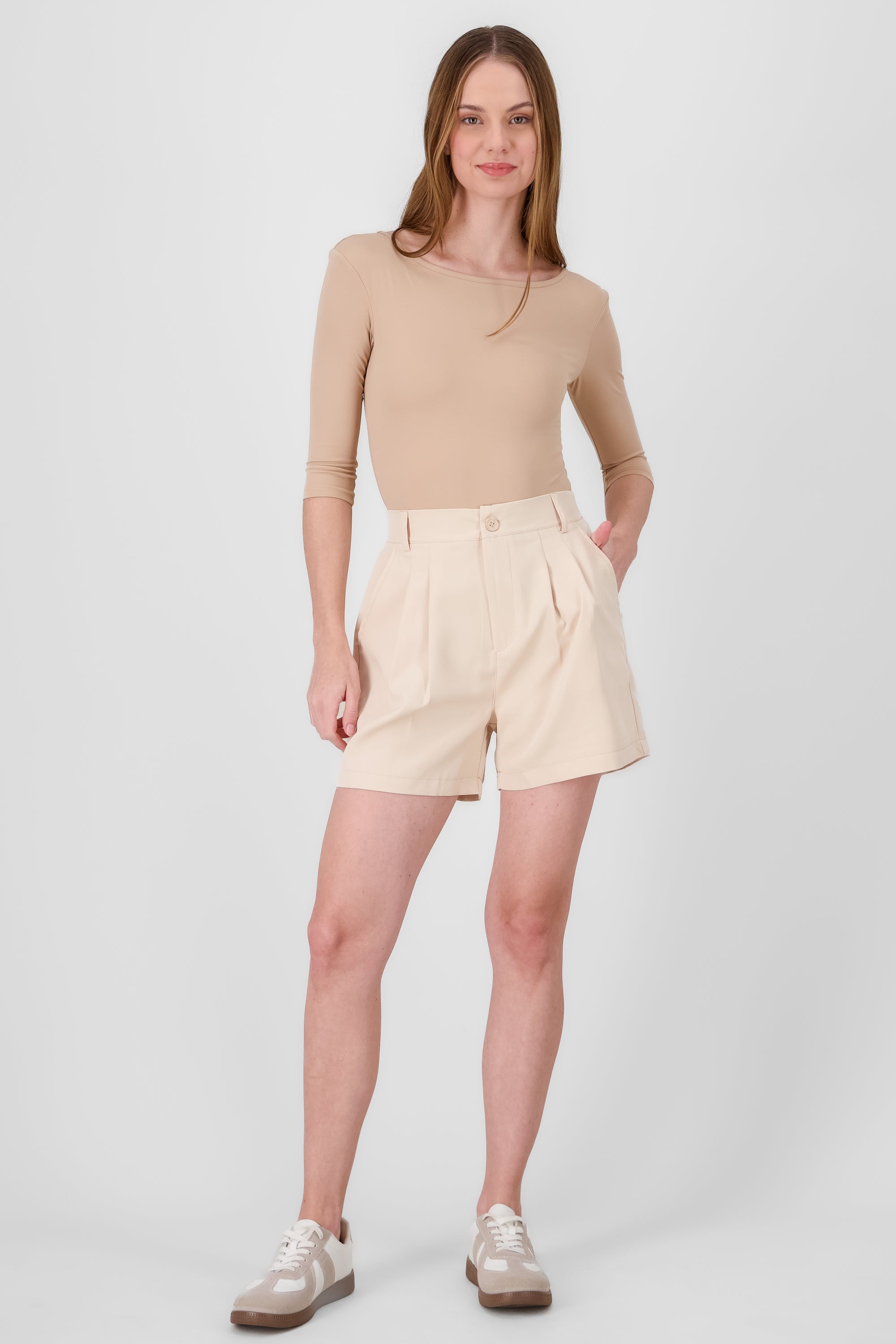 Solid Shorts with Pleat Detail CREAM