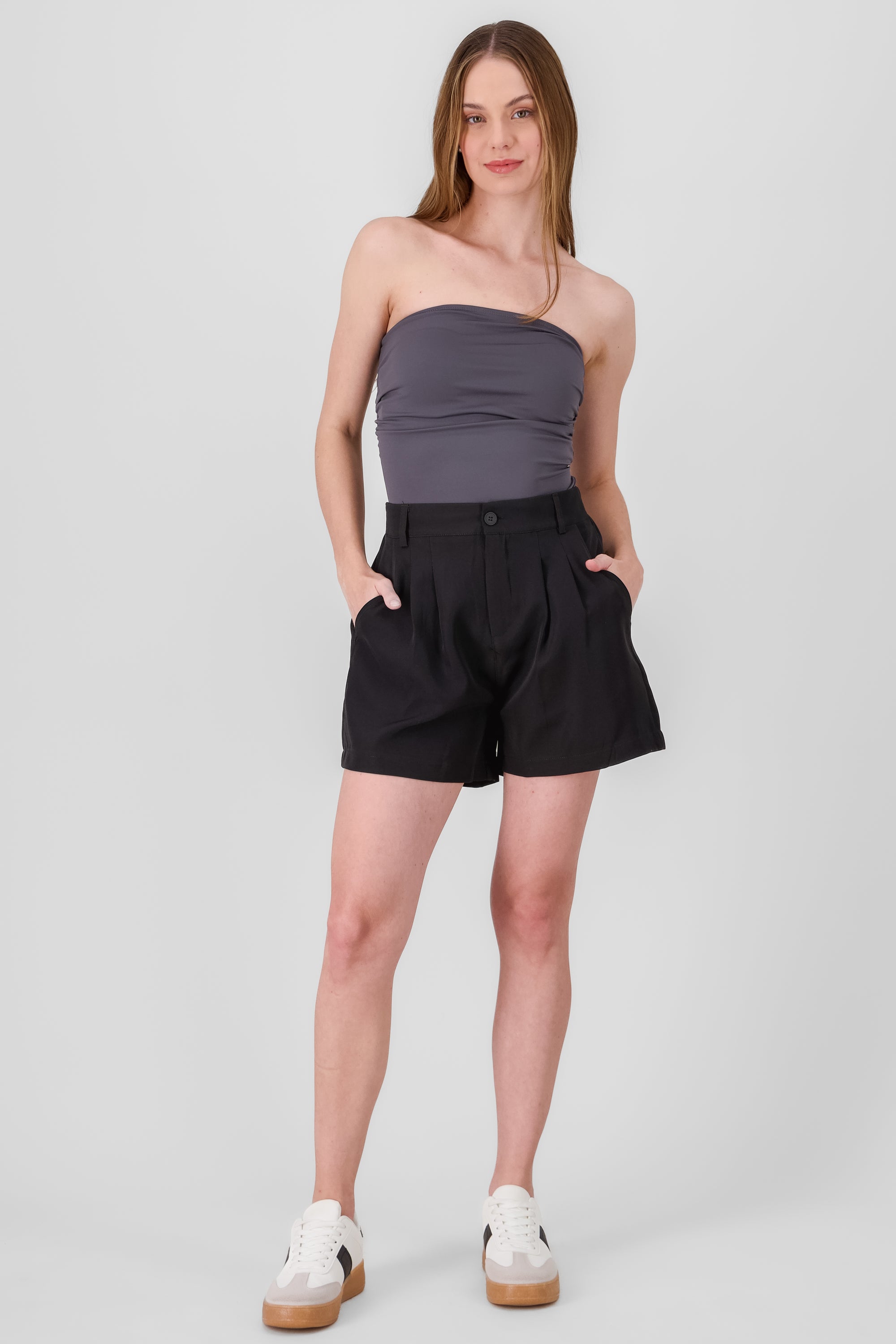 Solid Shorts with Pleat Detail BLACK