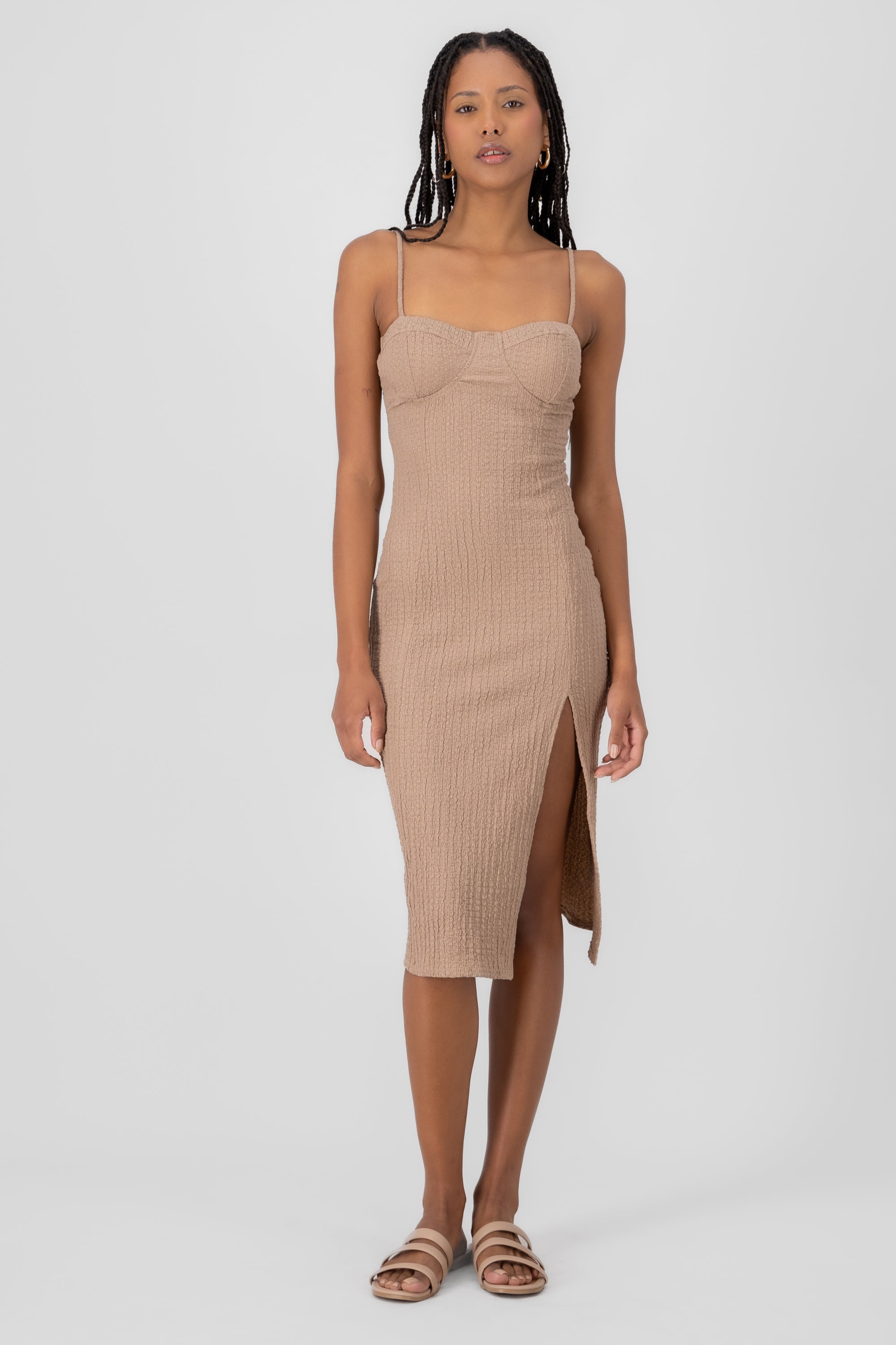 Textured Straps Midi Dress KHAKI