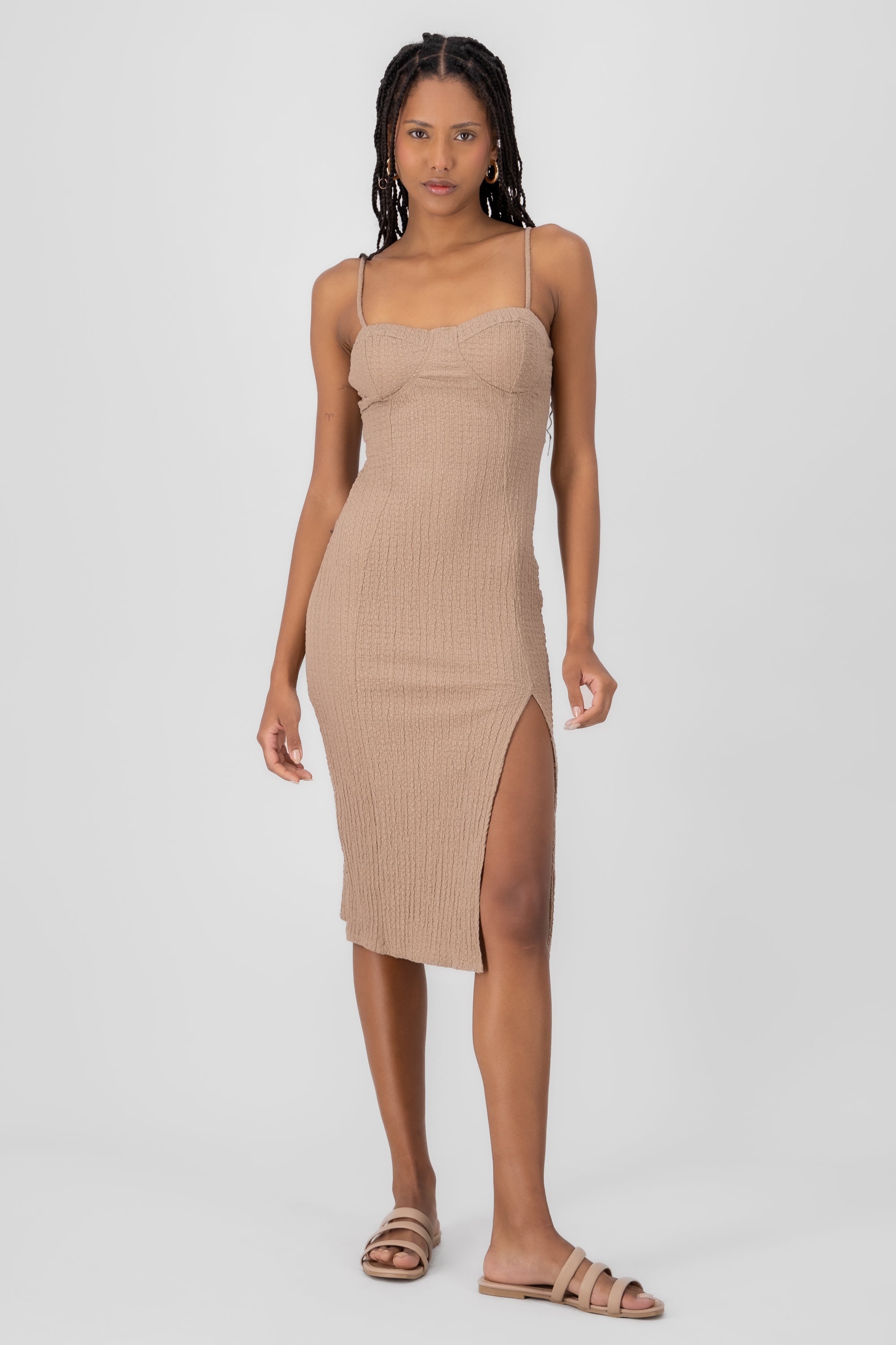 Textured Straps Midi Dress KHAKI