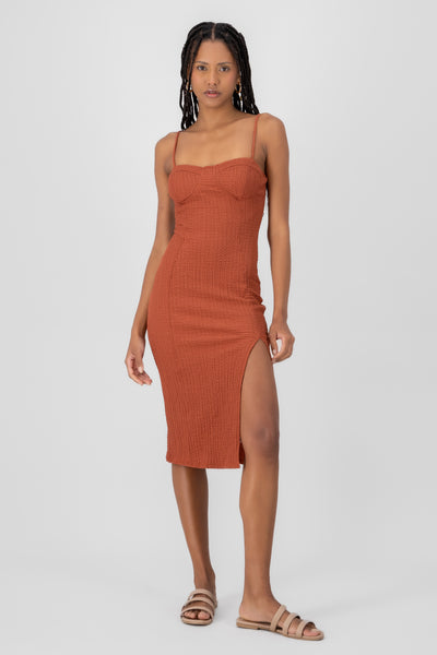 Textured Straps Midi Dress BRICK RED