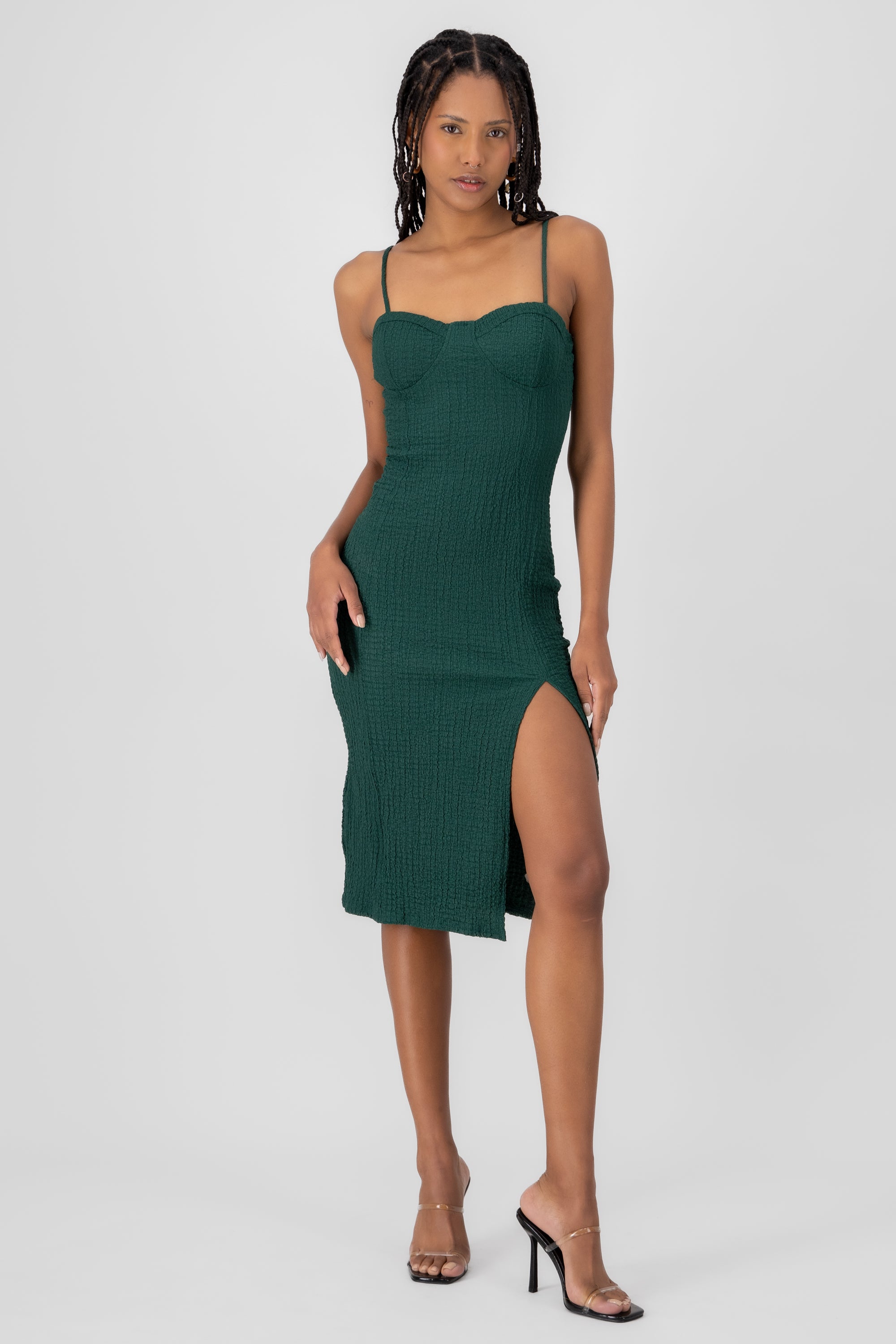 Textured Straps Midi Dress HUNTER GREEN