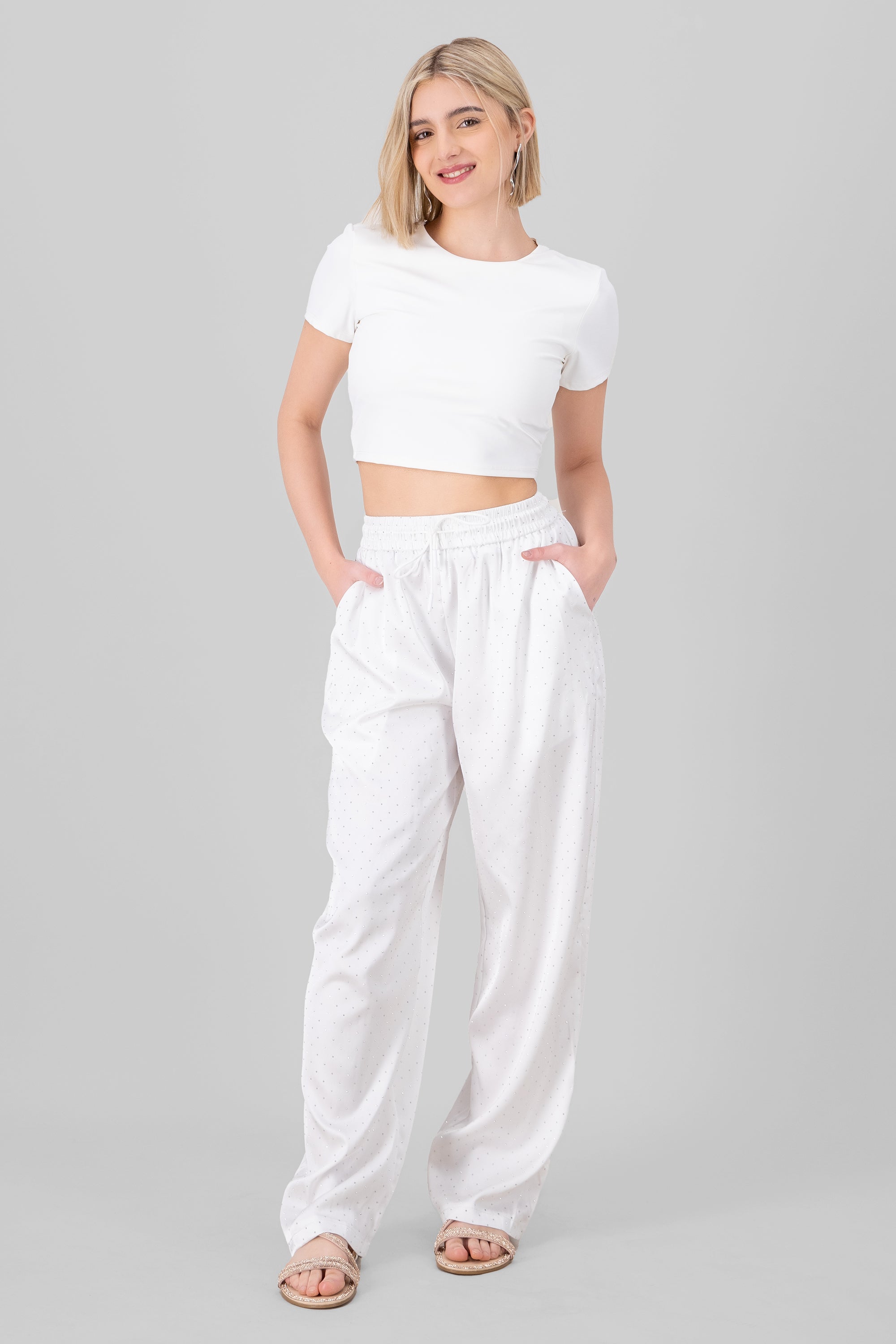 Rhinestone Satin Pants WHITE