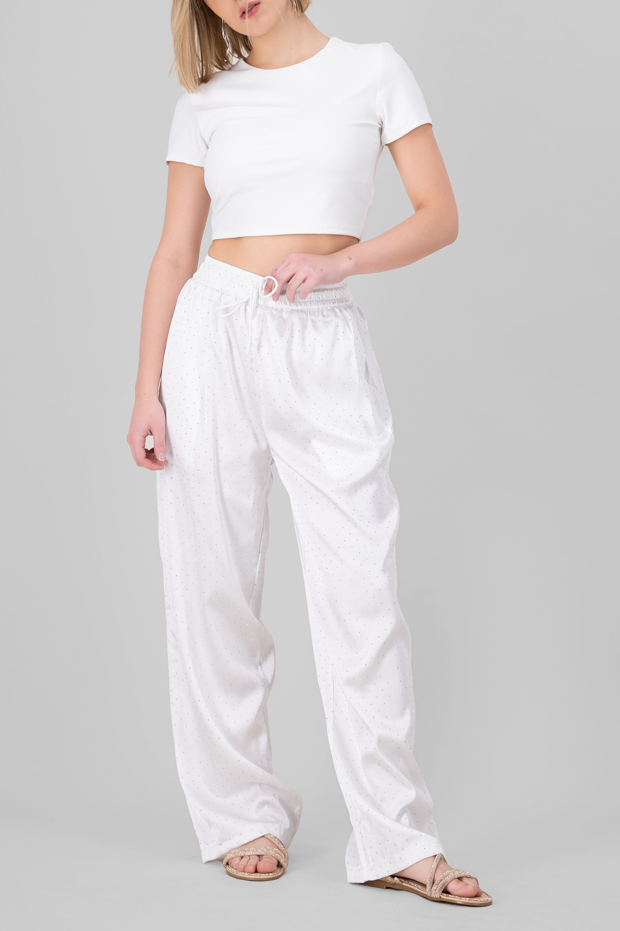 Rhinestone Satin Pants WHITE