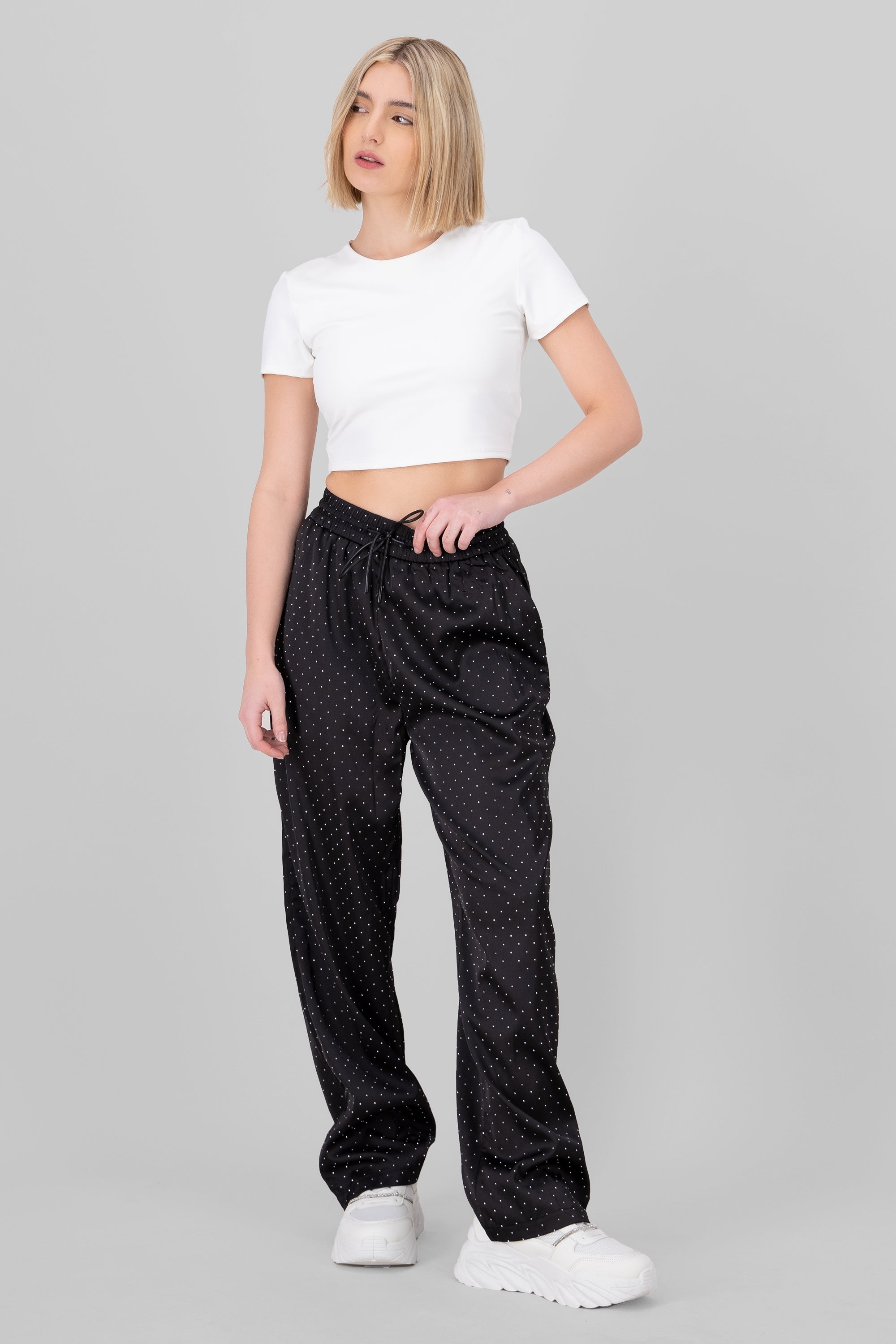 Rhinestone Satin Pants BLACK