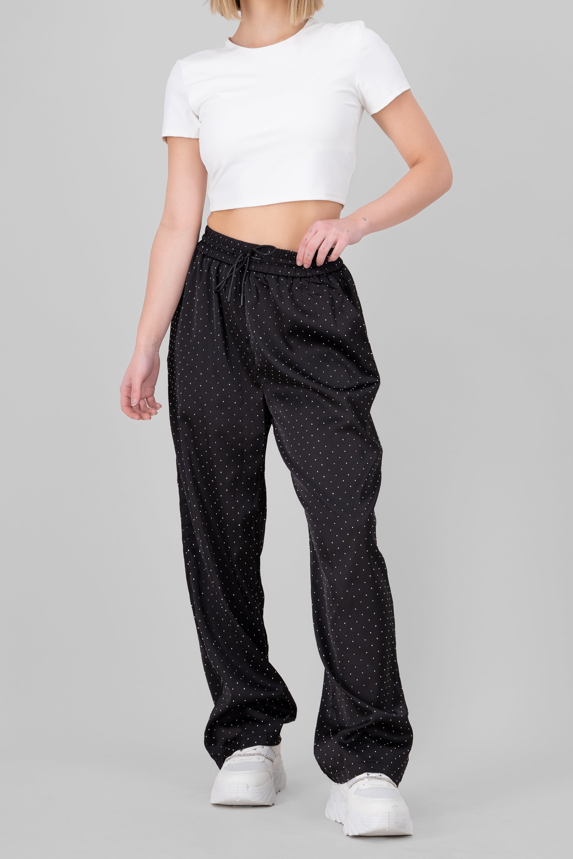 Rhinestone Satin Pants BLACK