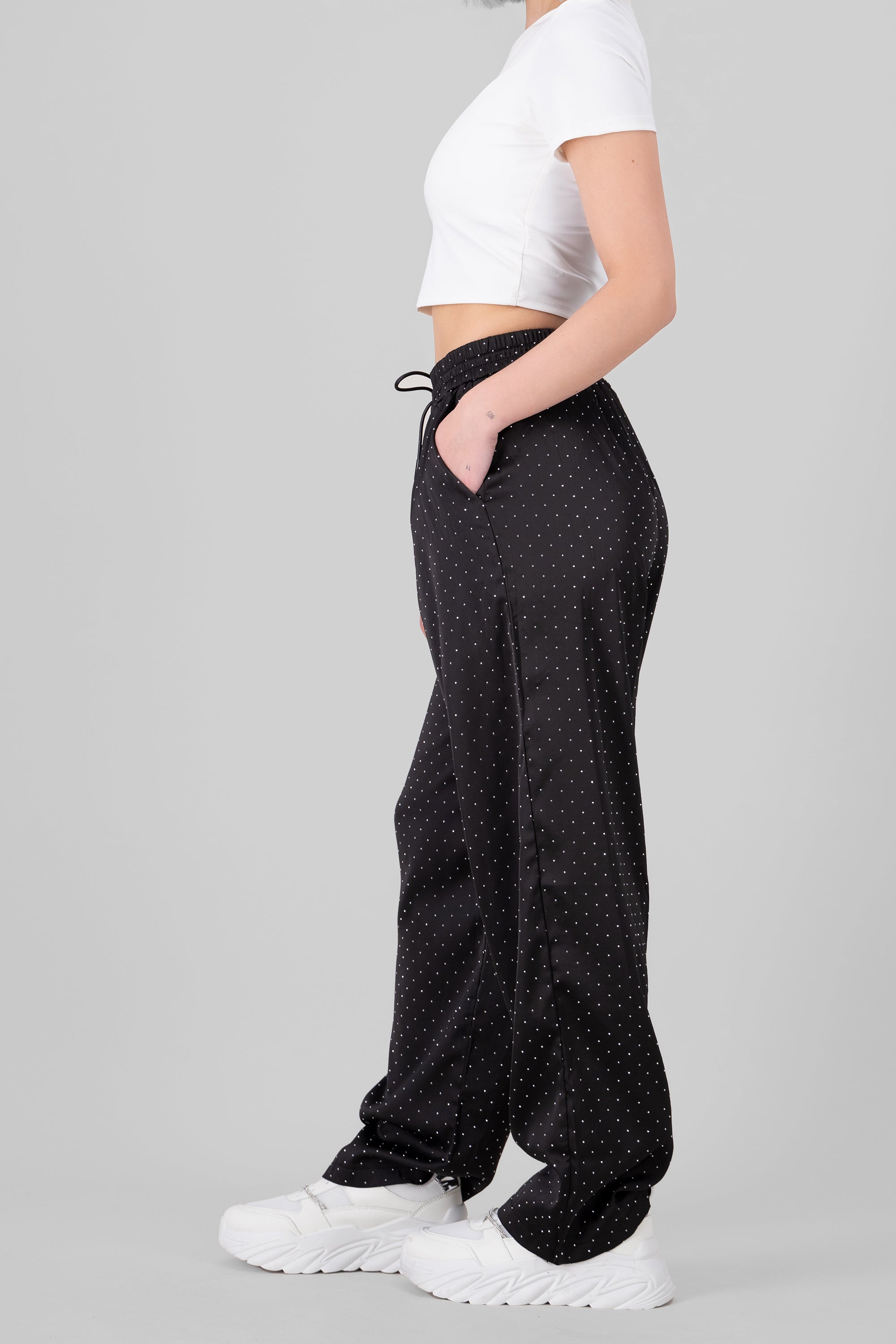 Rhinestone Satin Pants BLACK