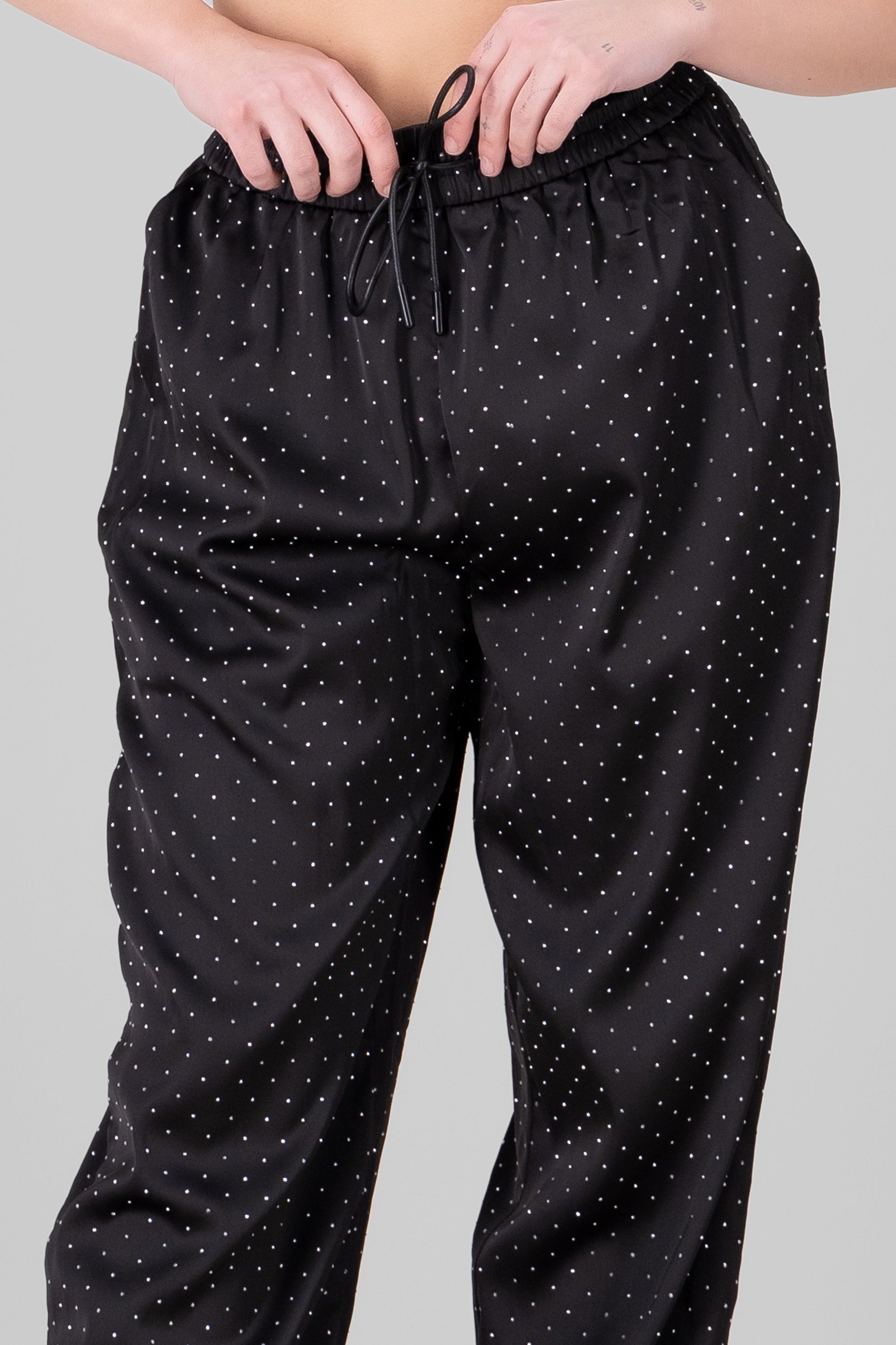 Rhinestone Satin Pants BLACK