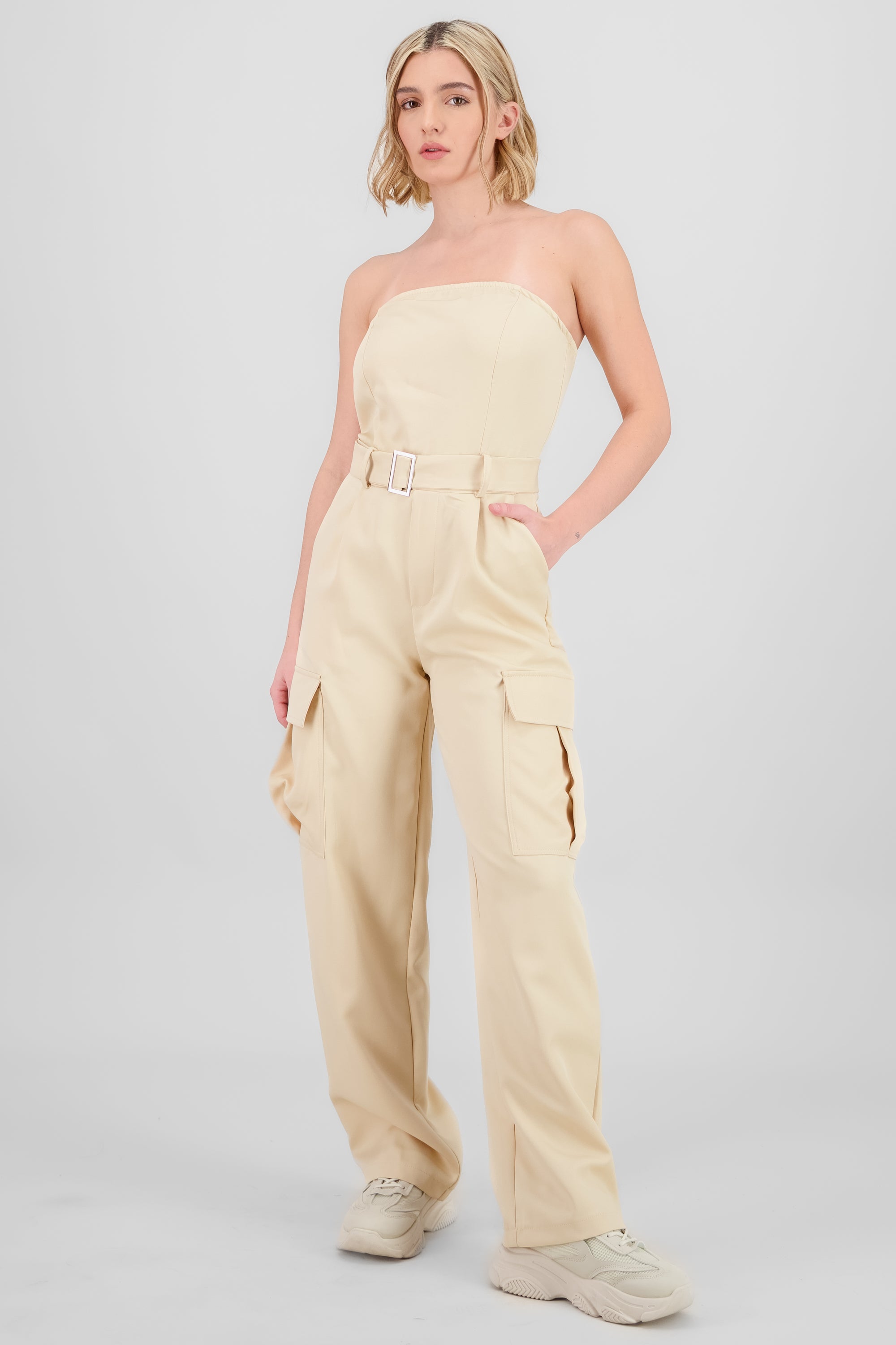 Solid Cargo Jumpsuit BEIGE