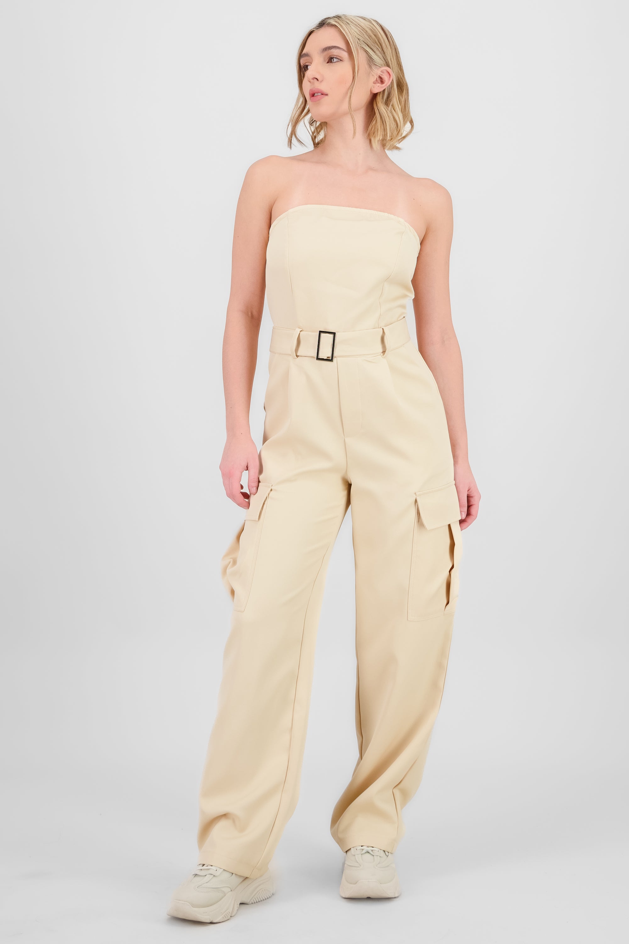 Solid Cargo Jumpsuit BEIGE