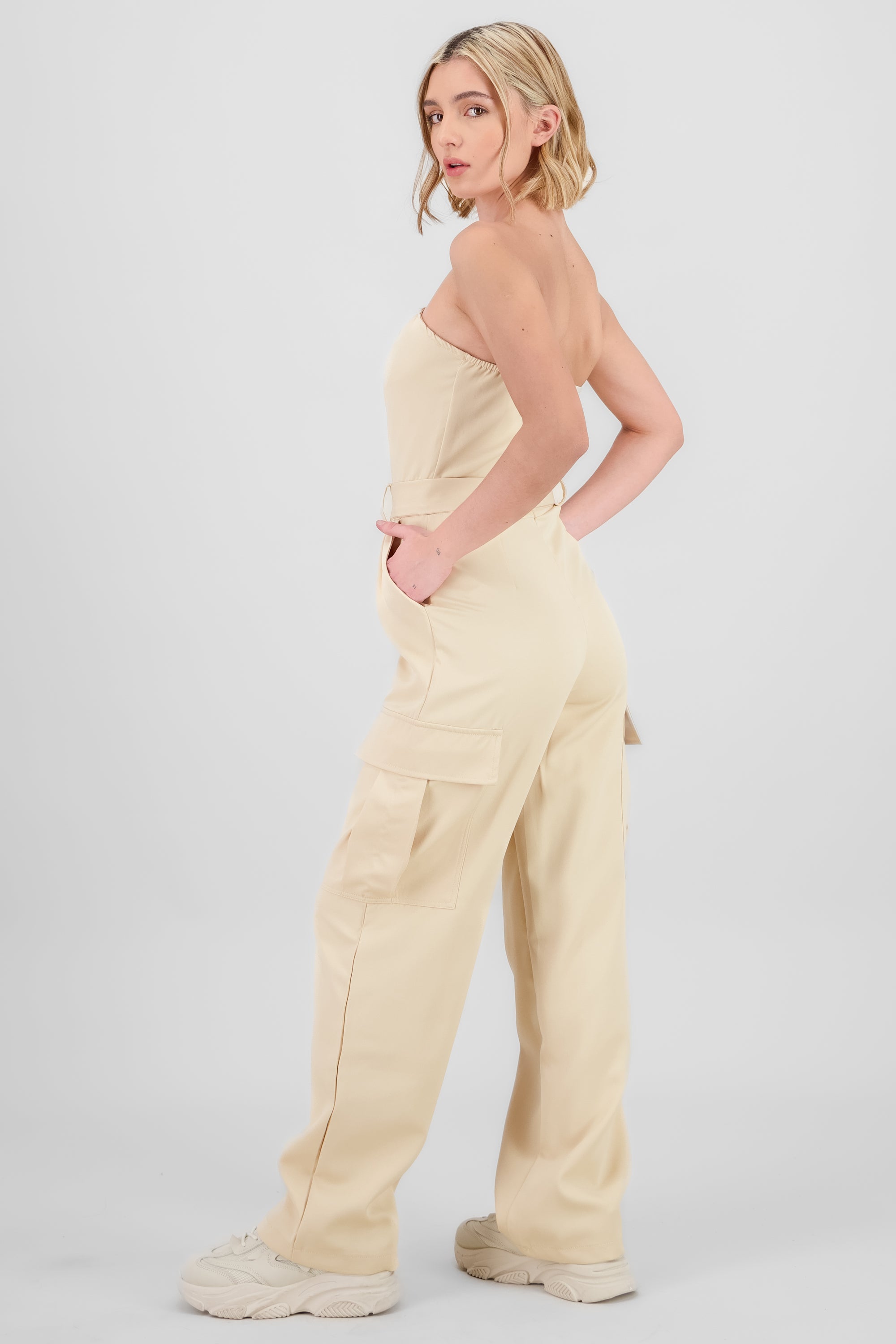 Solid Cargo Jumpsuit BEIGE