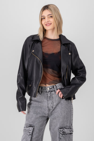 Faux Leather Biker Jacket BLACK