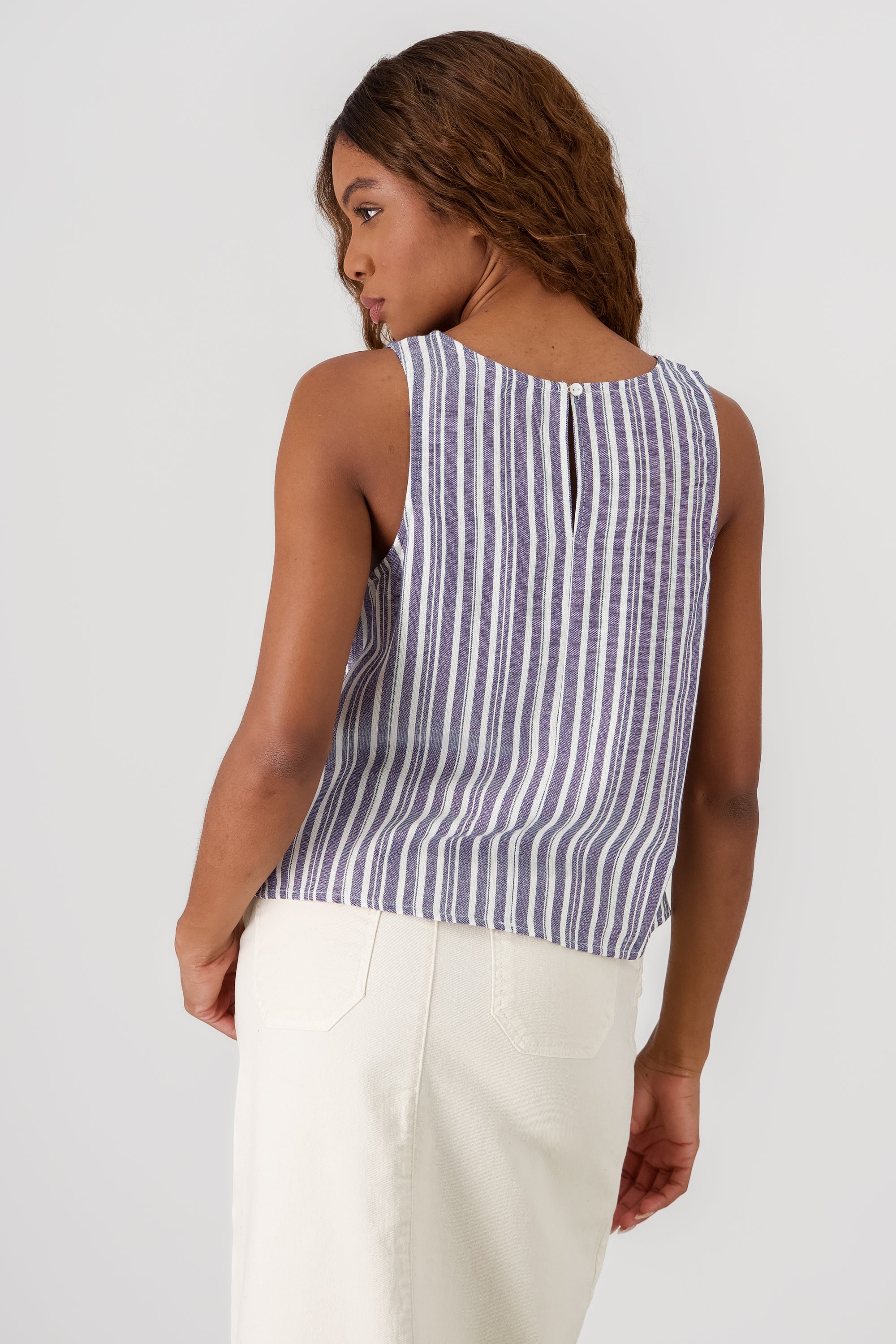 Sleeveless Striped Linen Top NAVY