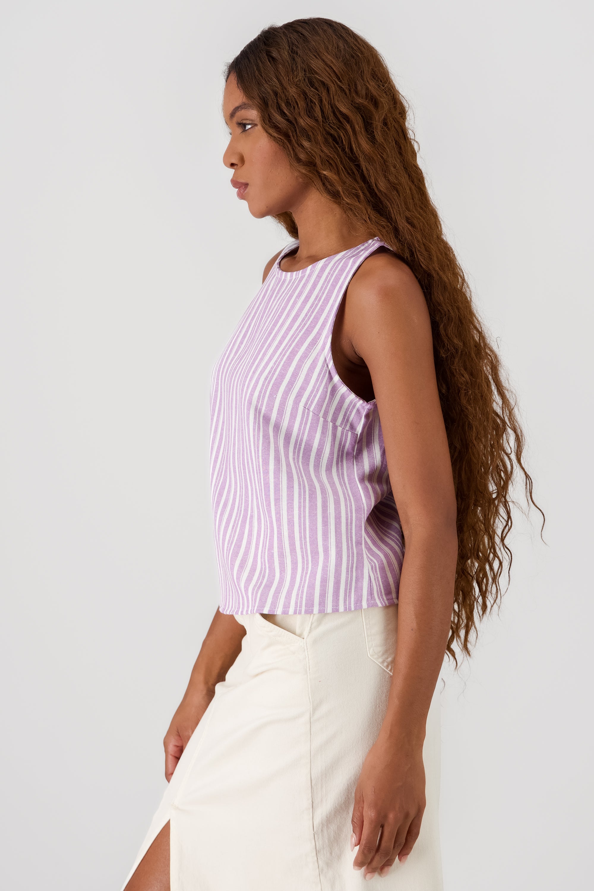 Sleeveless Striped Linen Top PASTEL PURPLE