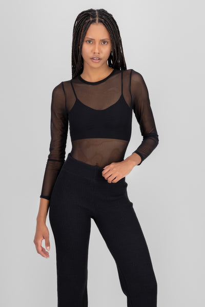 Mesh Long Sleeve Bodysuit BLACK