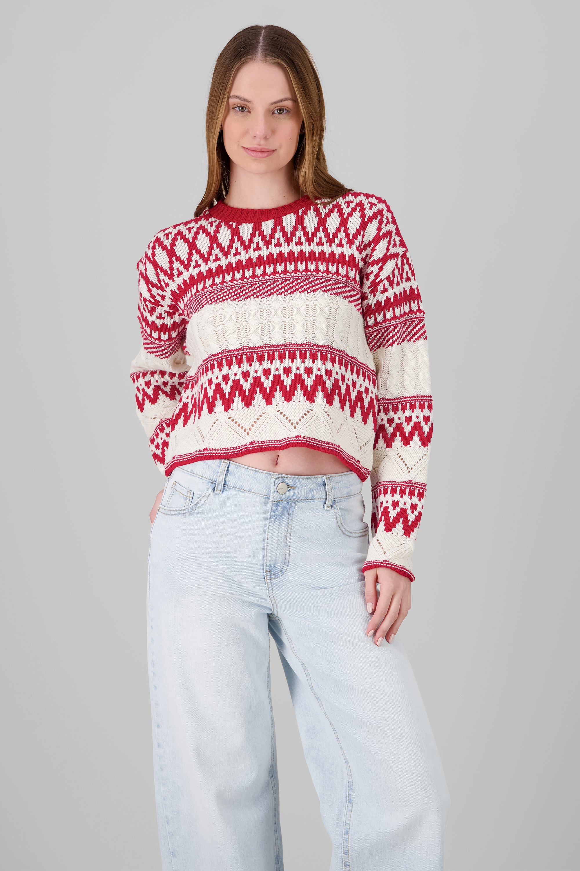 Textured Christmas Sweater RED COMBO