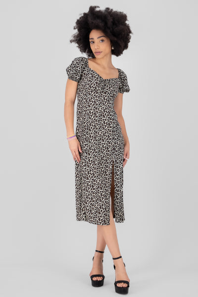 Animal Print Puff Sleeve Midi Dress BROWN COMBO