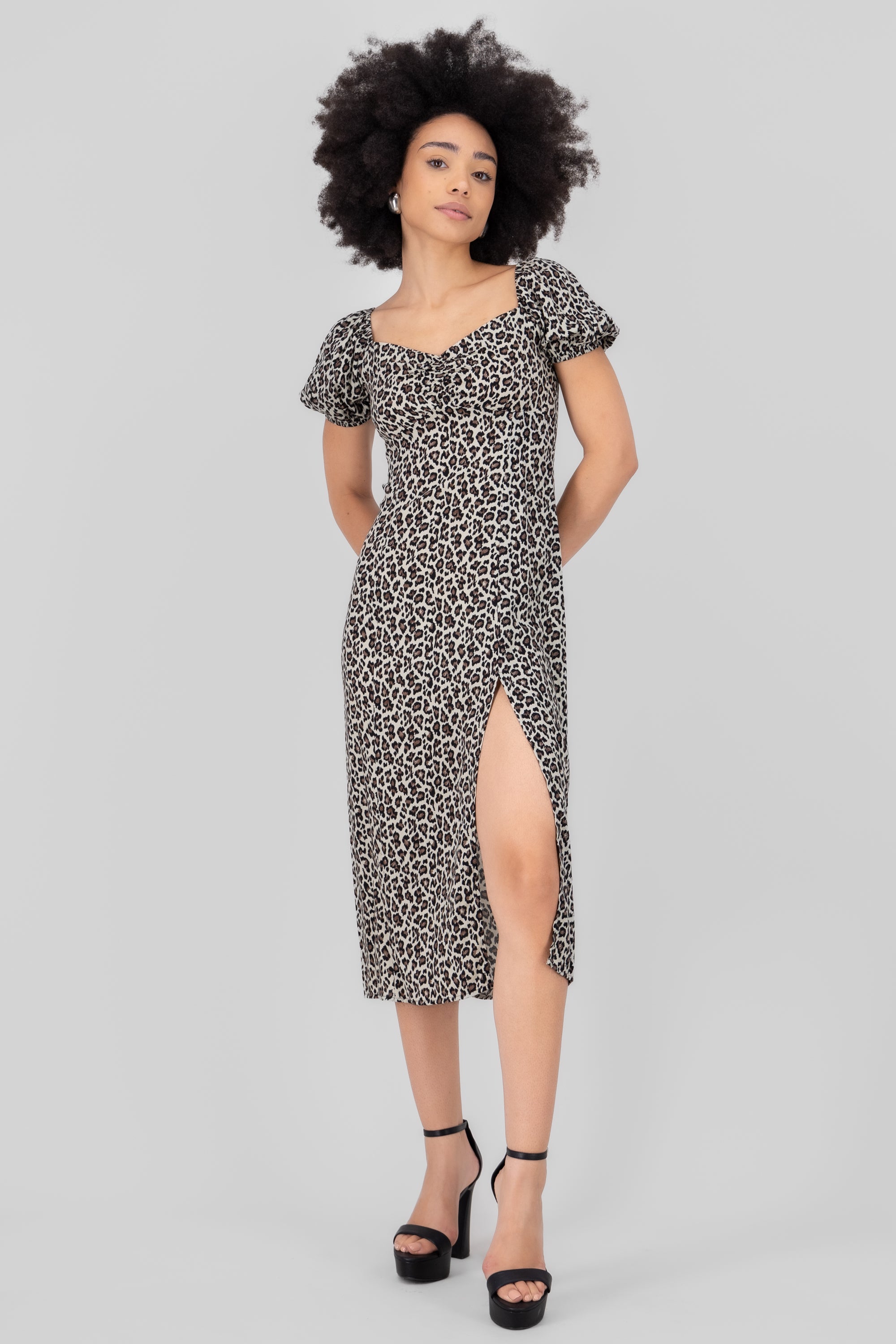 Animal Print Puff Sleeve Midi Dress BROWN COMBO