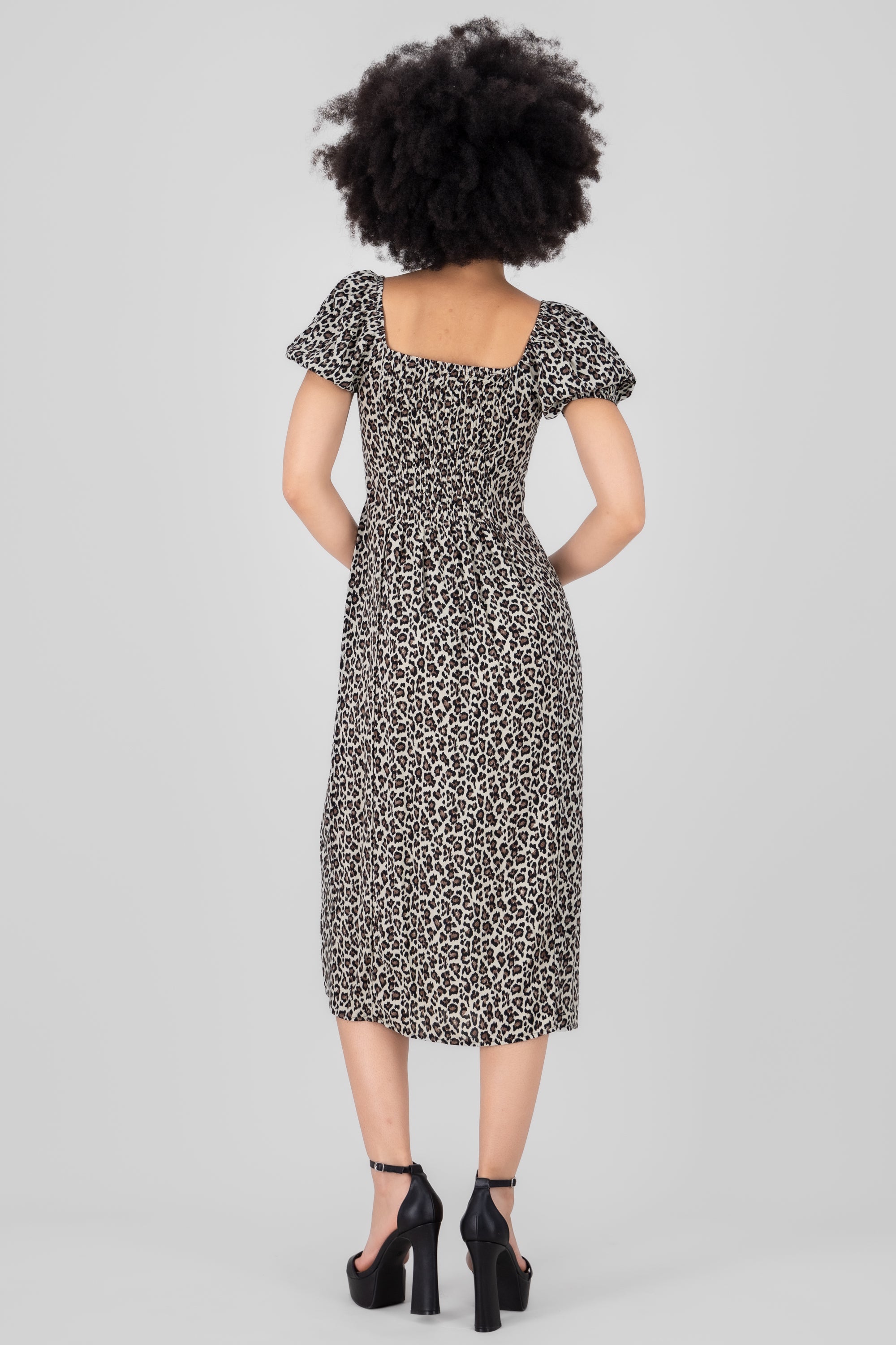 Animal Print Puff Sleeve Midi Dress BROWN COMBO