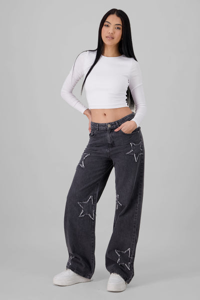 Wide Leg Jeans With Stars MEDIUM WASH