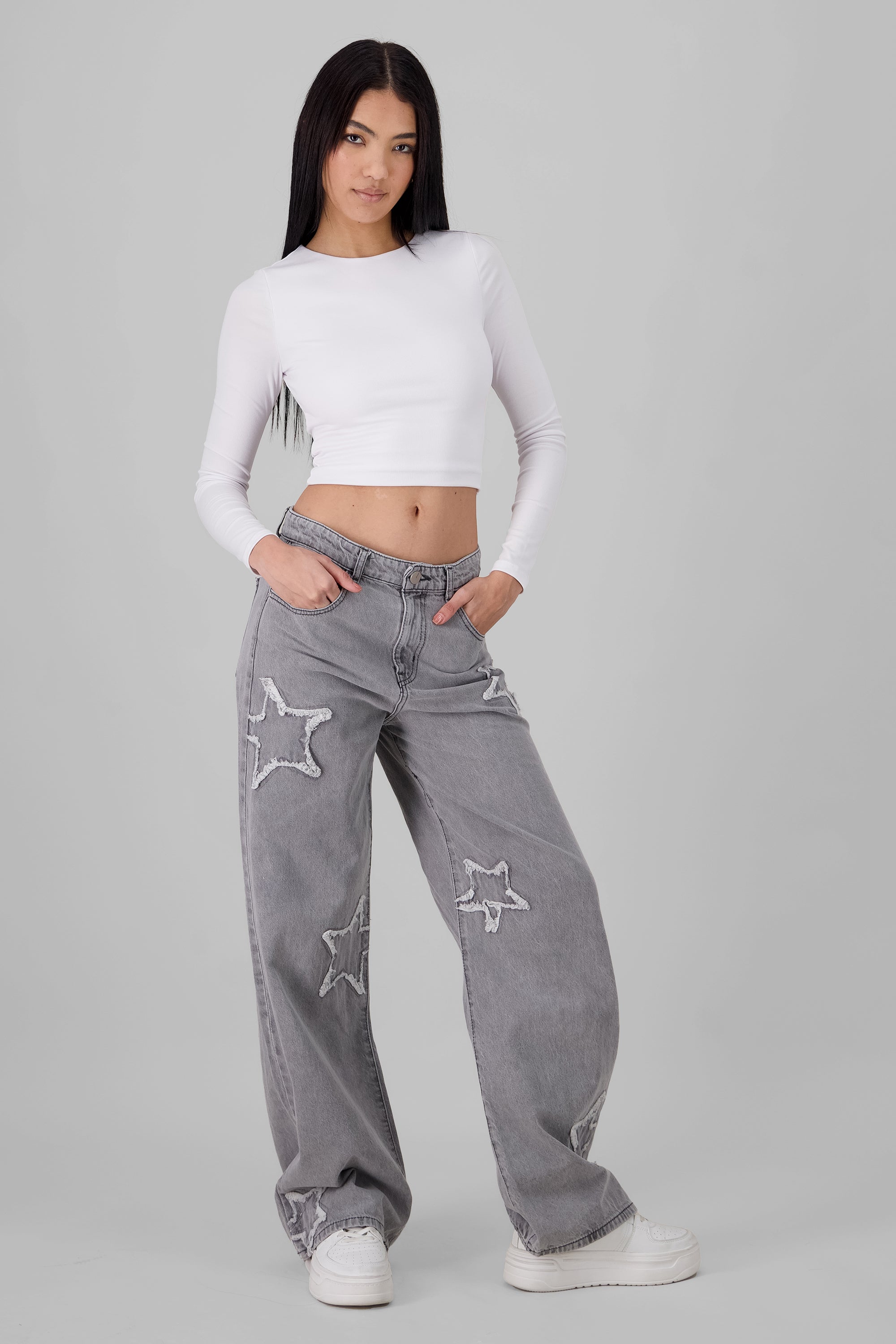 Wide Leg Jeans With Stars LIGHT GRAY