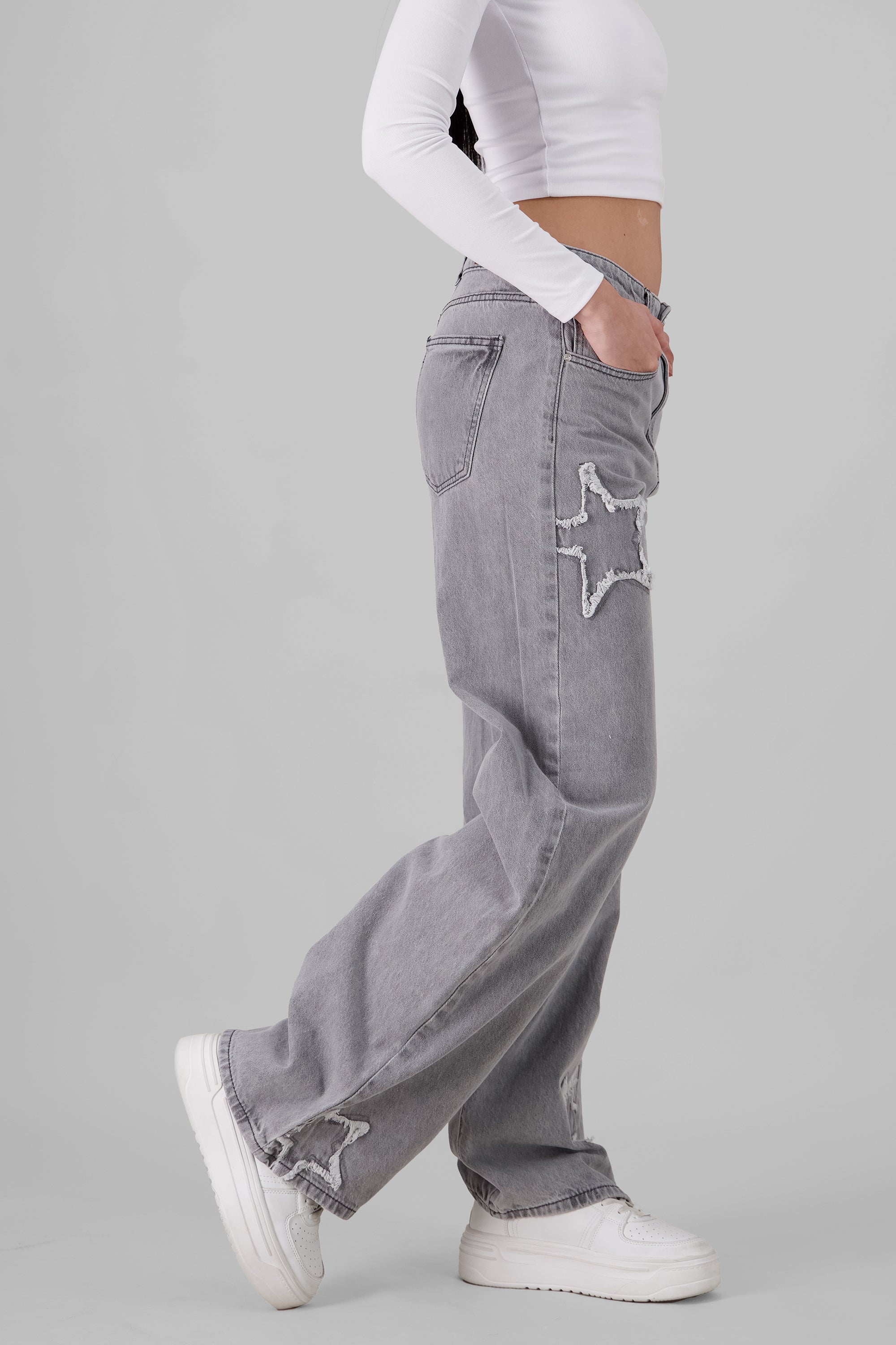 Wide Leg Jeans With Stars LIGHT GRAY