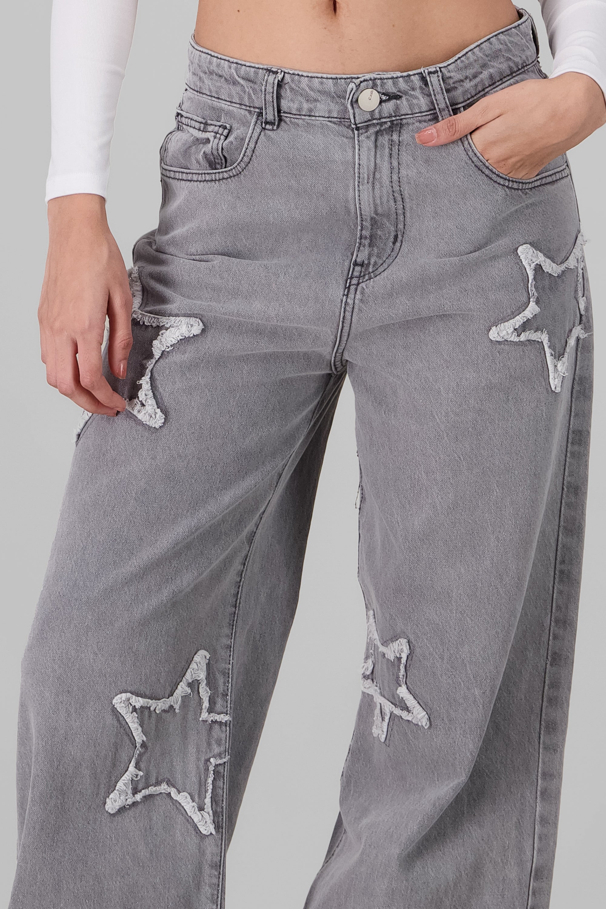 Wide Leg Jeans With Stars LIGHT GRAY