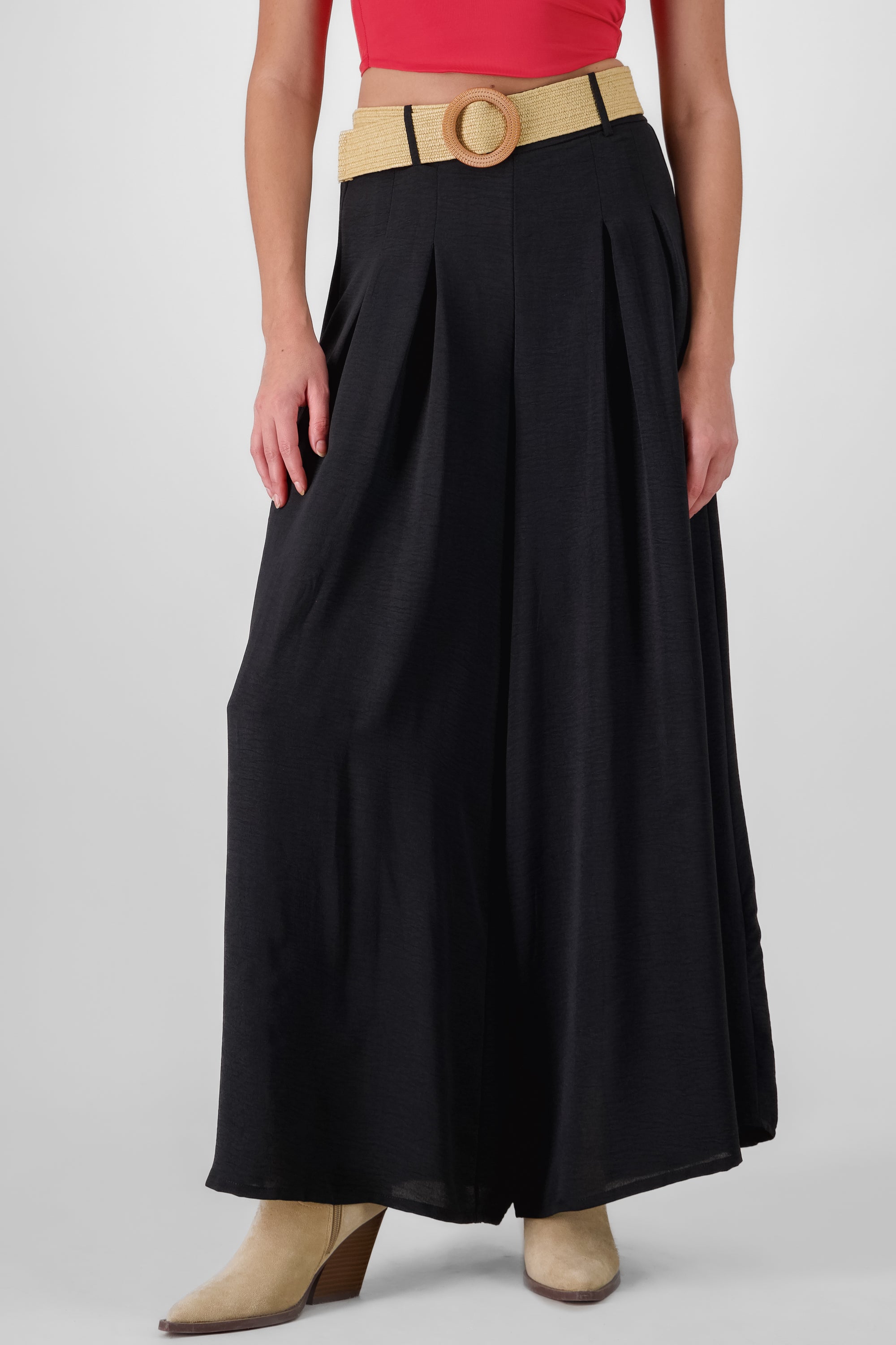 Wide Leg Pants With Belt BLACK