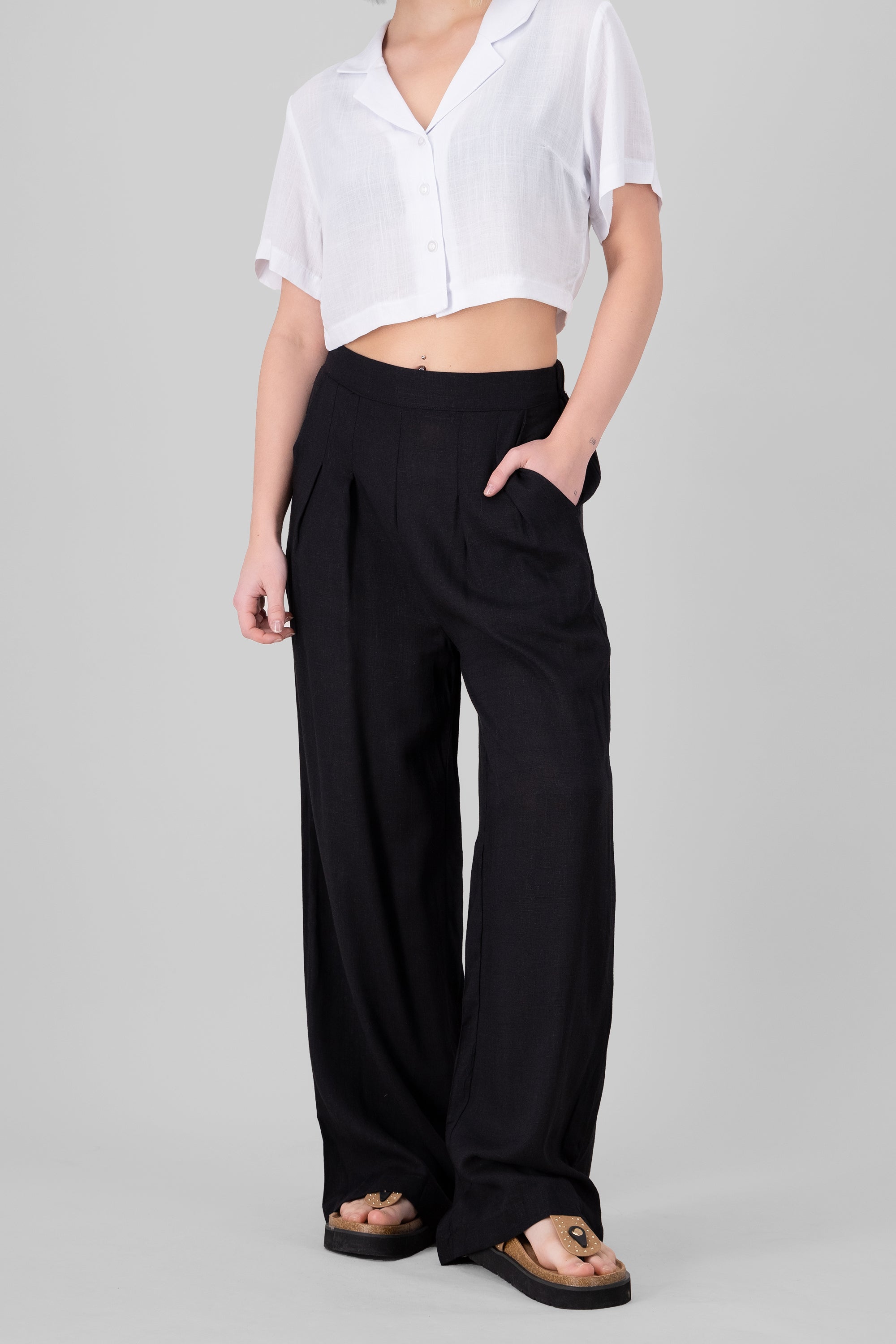 Wide Leg Linen Pants BLACK