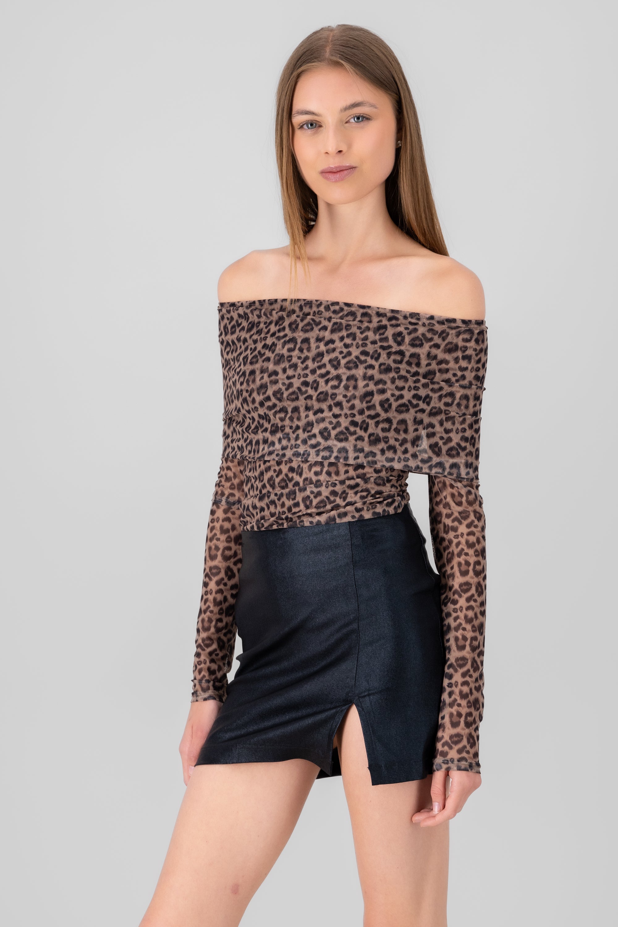 Animal Print Mesh Top BROWN COMBO