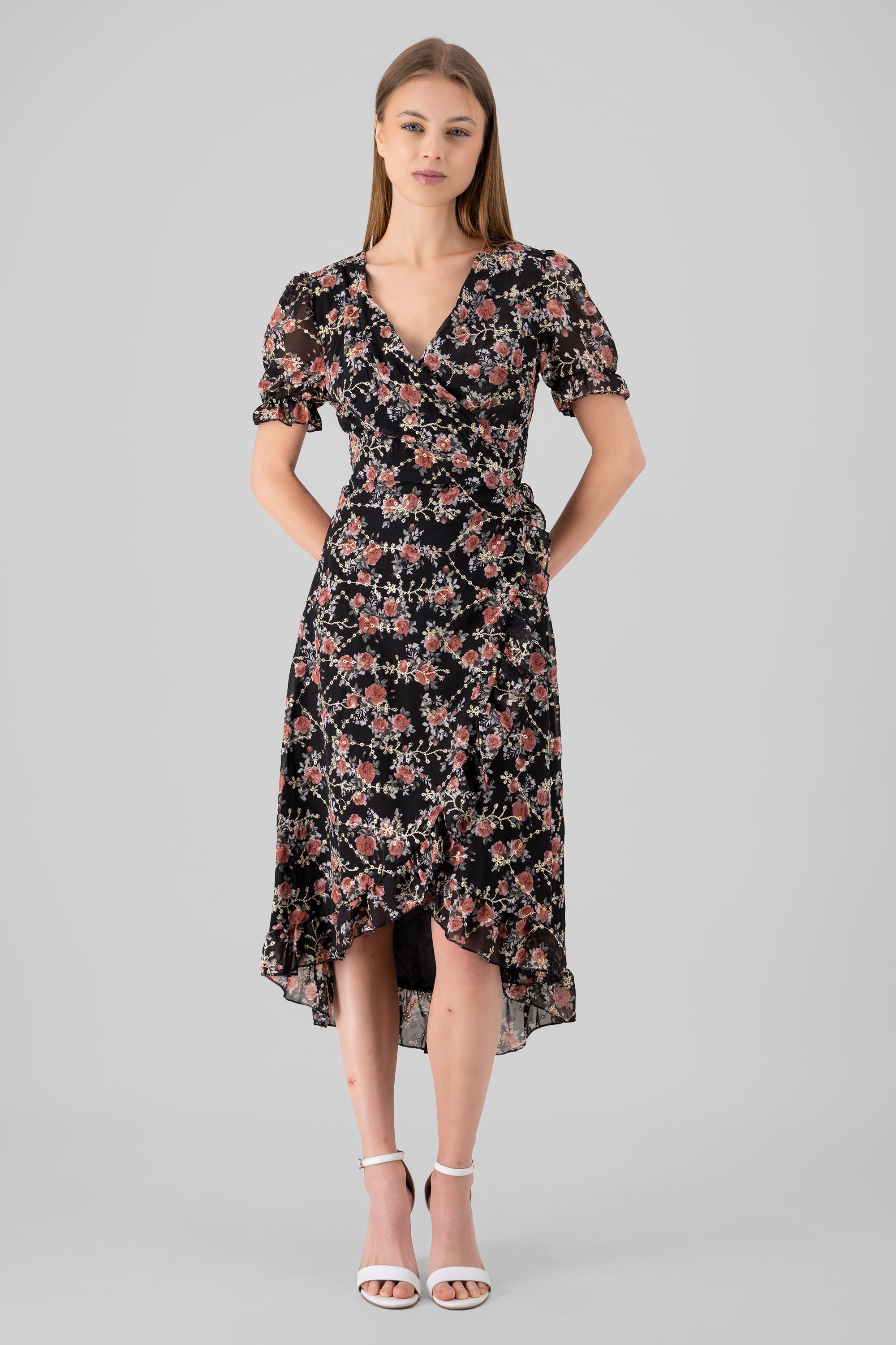 Embroidered Floral Midi Dress BLACK COMBO