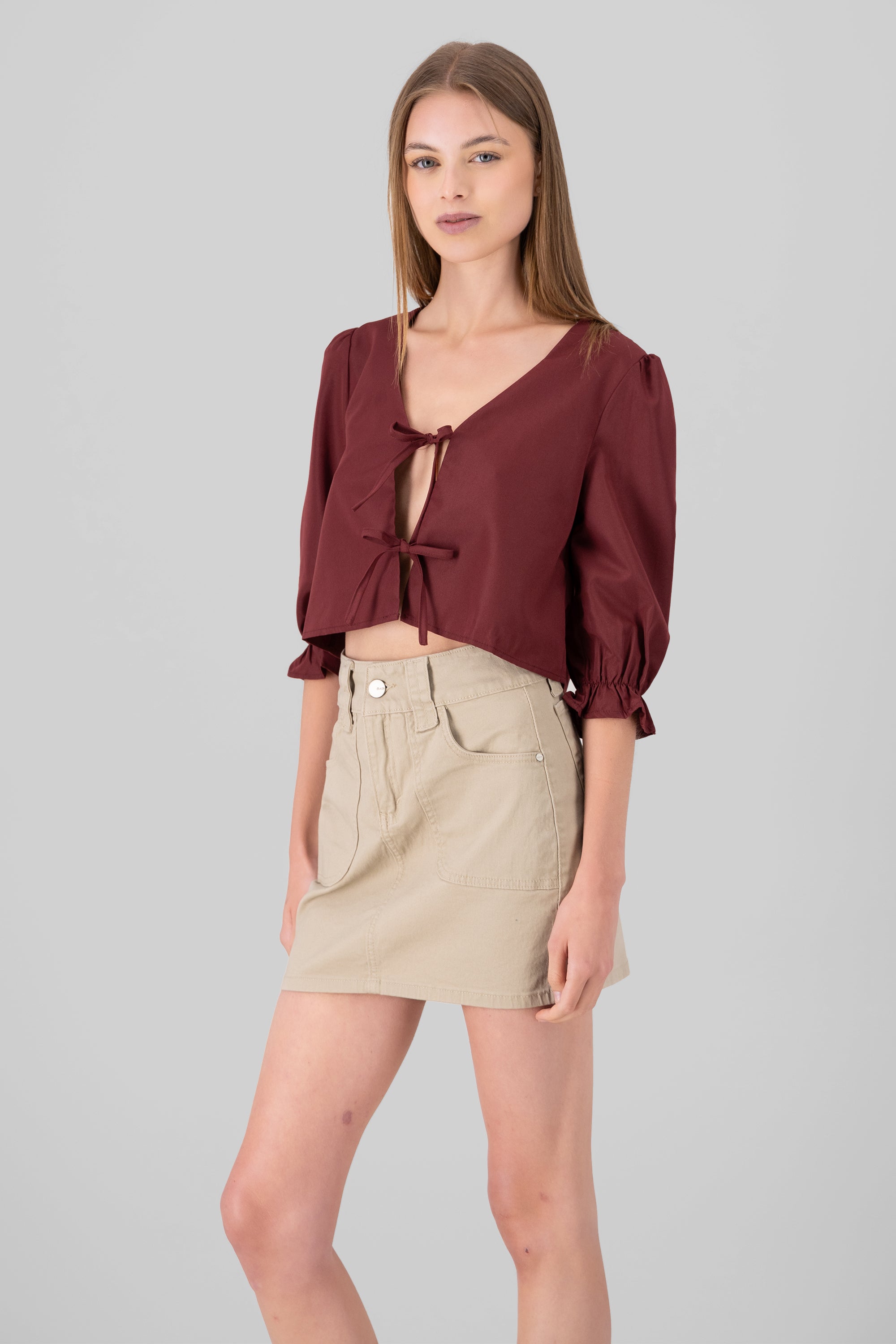 Puff Sleeve Top With Bows PLUM