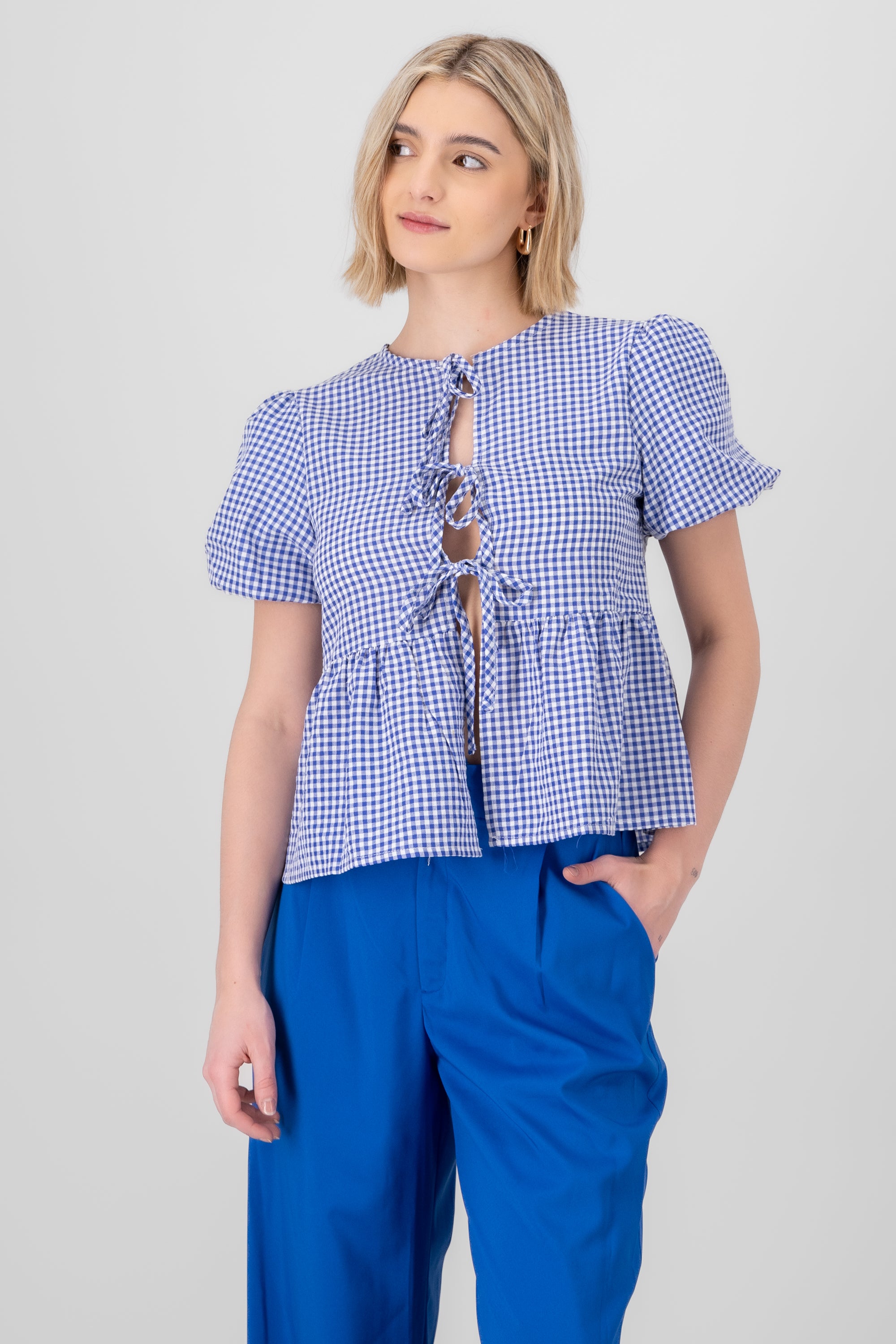 Puff Sleeves Plaid Blouse with Bows BLUE COMBO