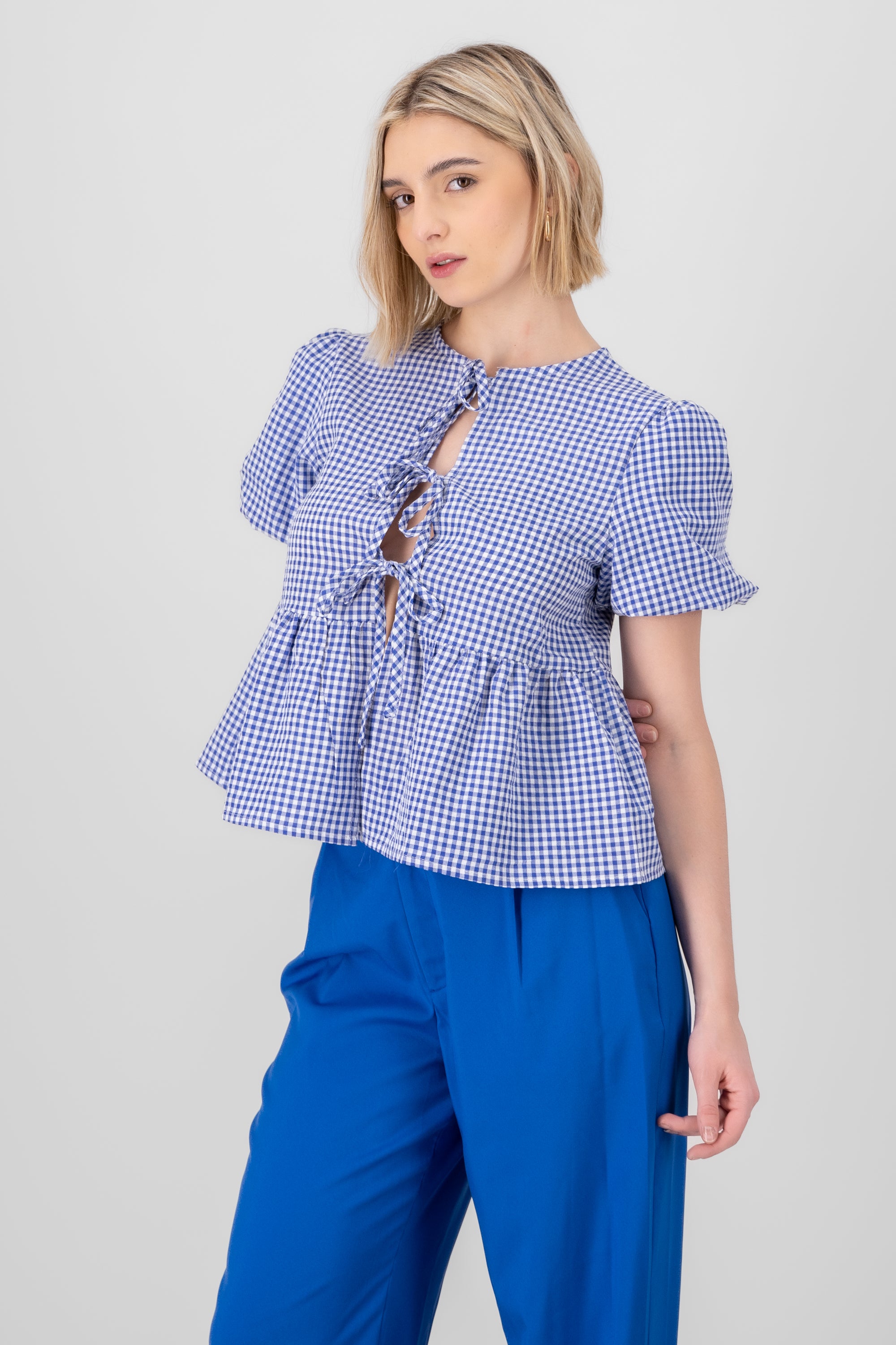 Puff Sleeves Plaid Blouse with Bows BLUE COMBO