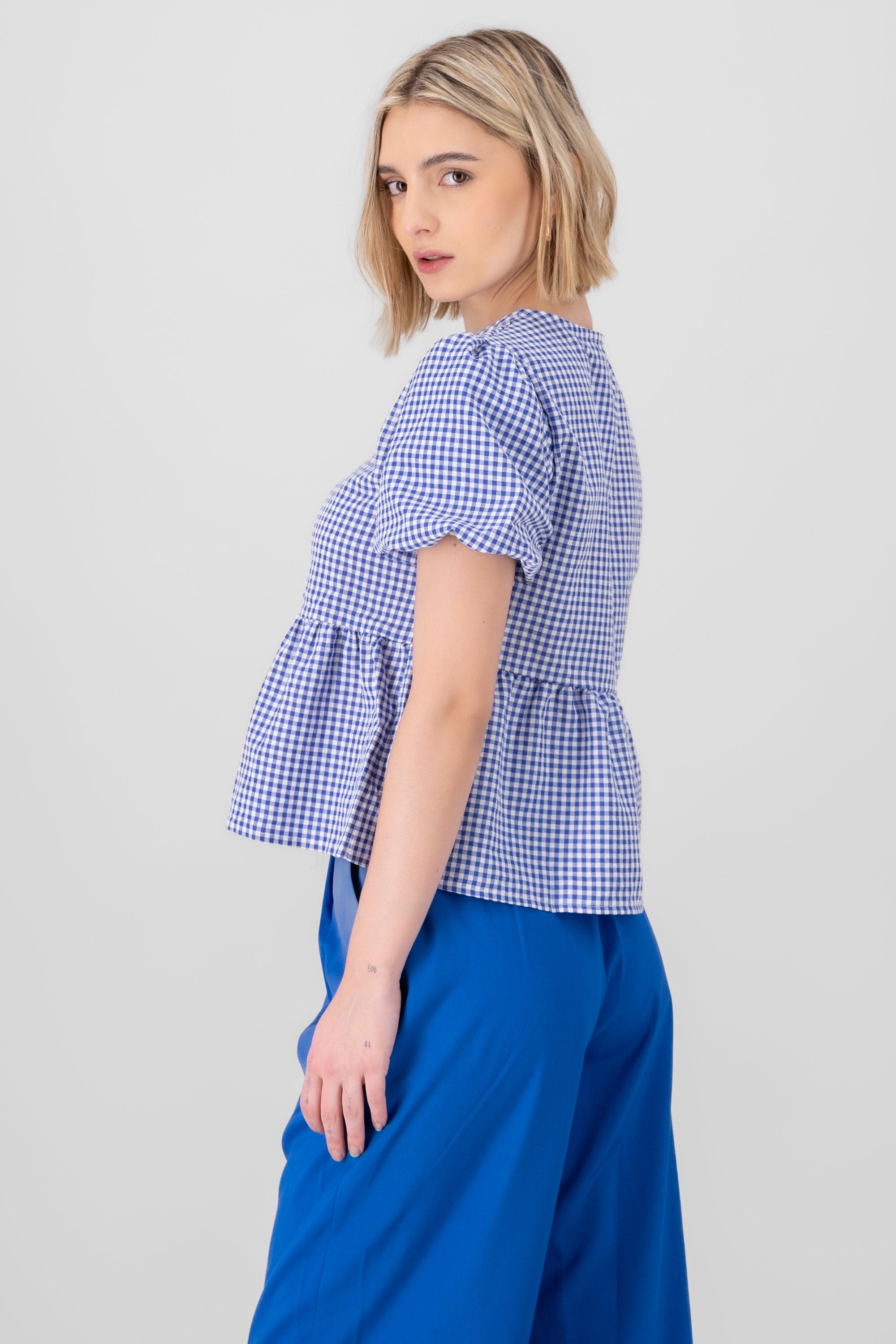 Puff Sleeves Plaid Blouse with Bows BLUE COMBO