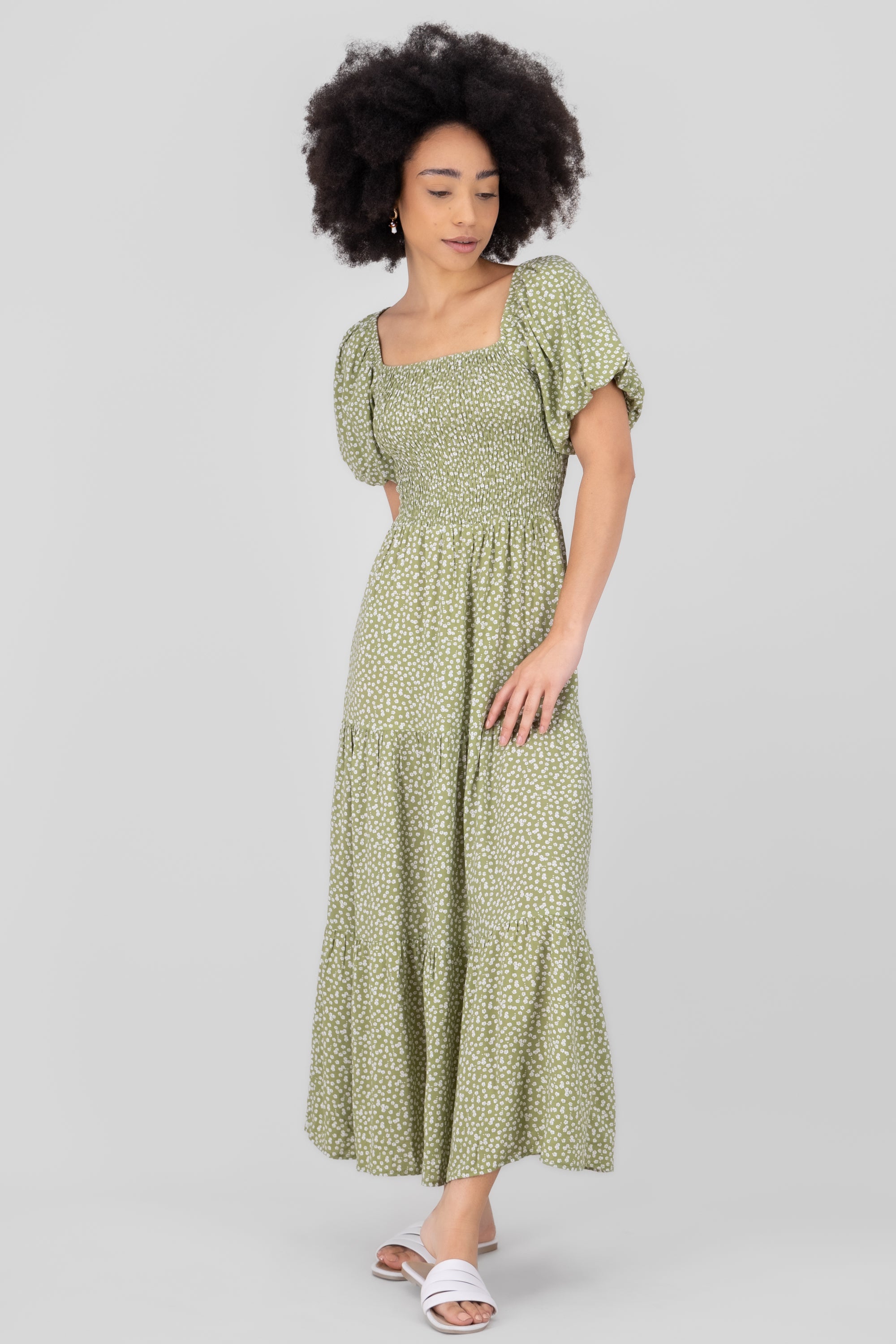 Floral Puff Sleeve Midi Dress GREEN COMBO