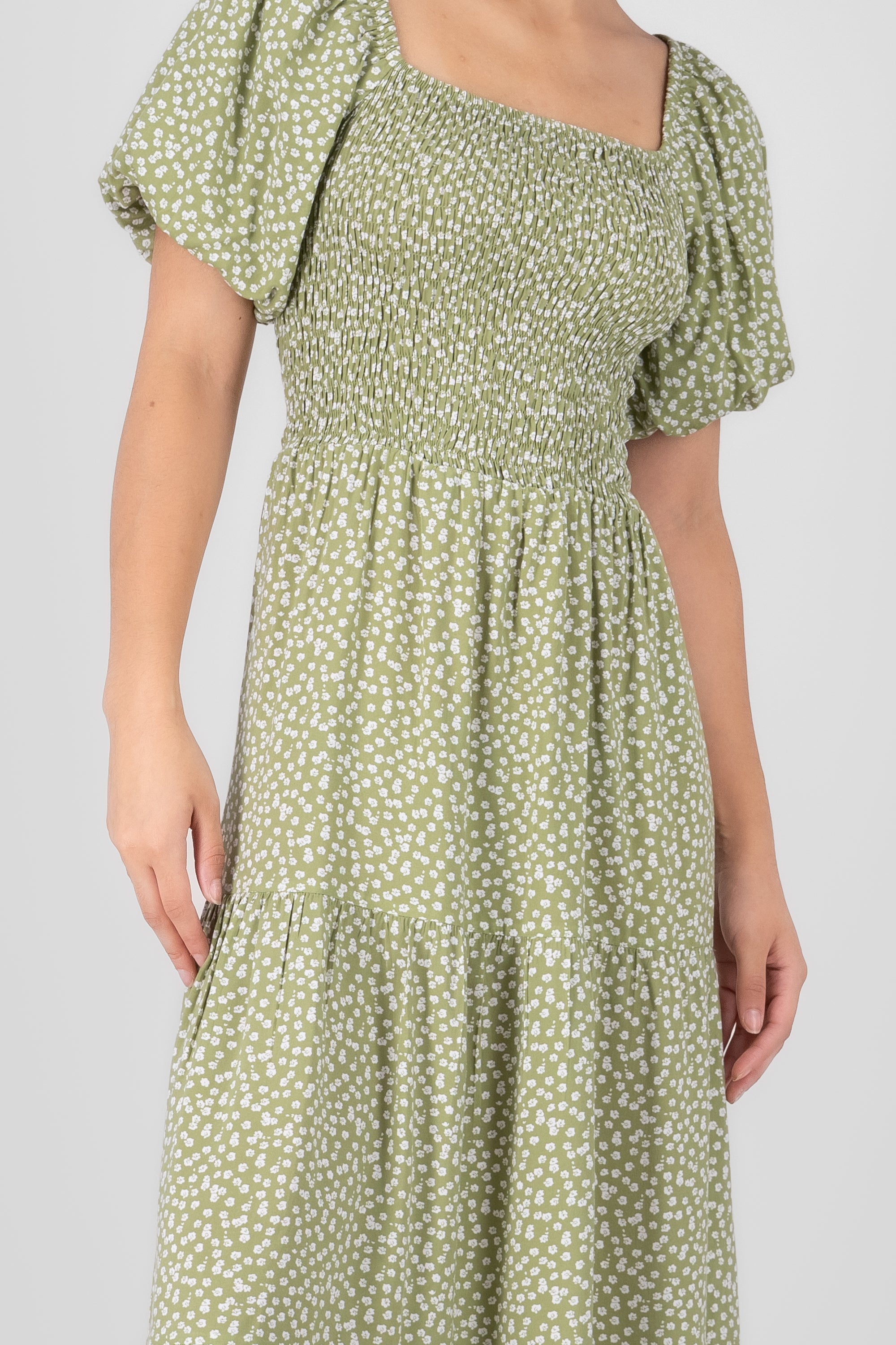 Floral Puff Sleeve Midi Dress GREEN COMBO