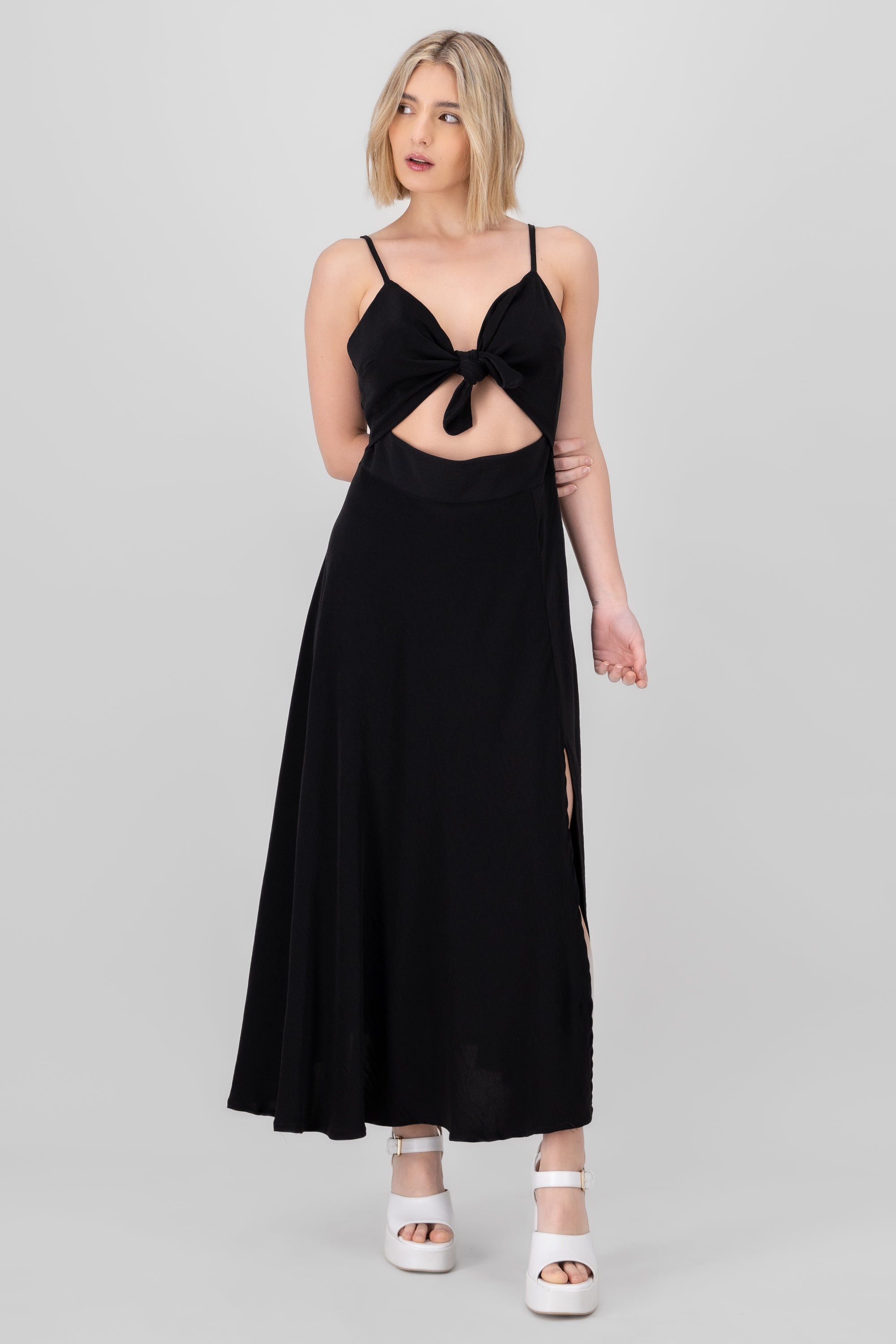 Solid Midi Dress With Neckline Detail BLACK